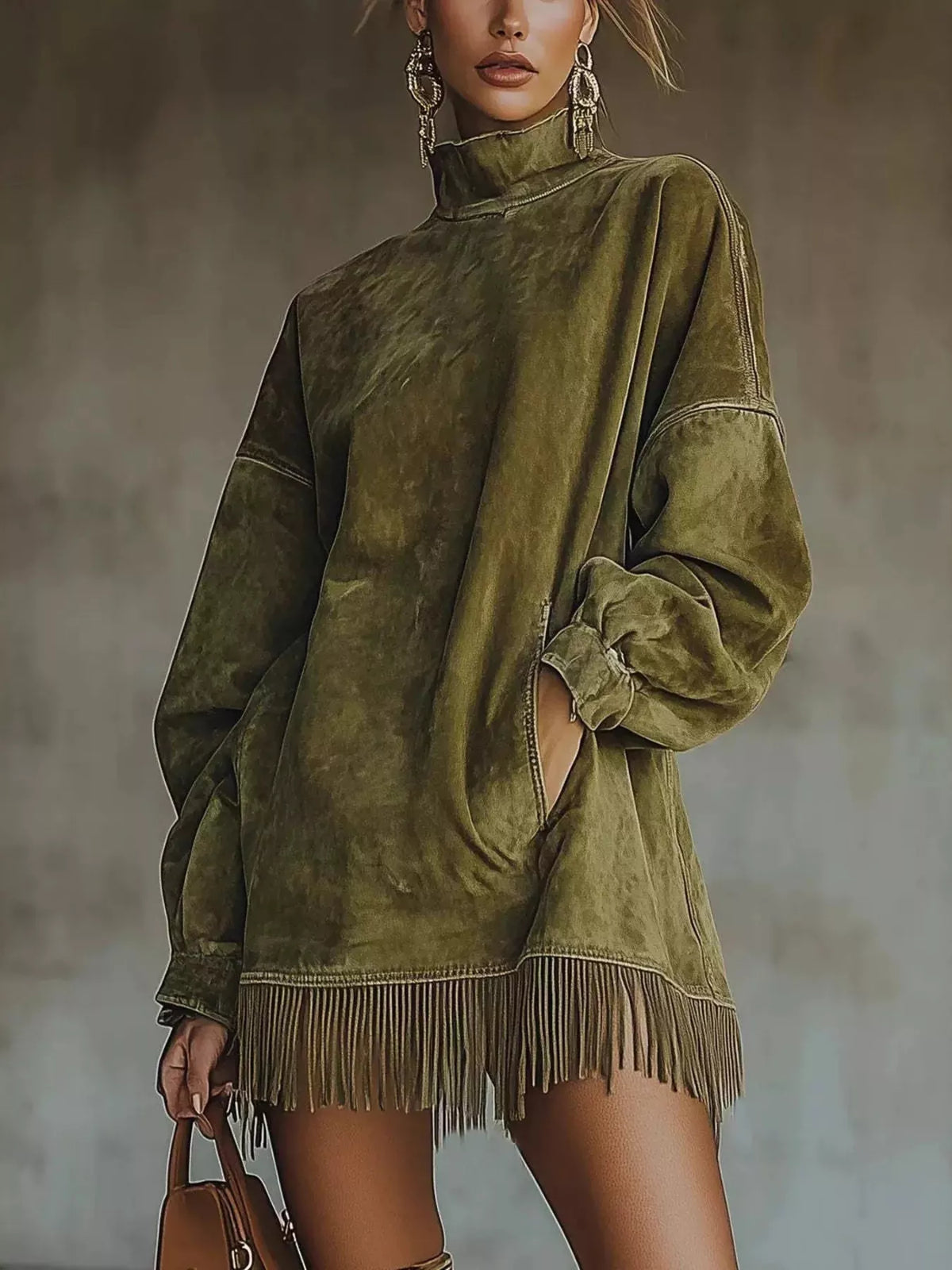 Trendsi Full Size Mock Neck Fringed Hem Long Sleeve Mini Dress Plus Size -