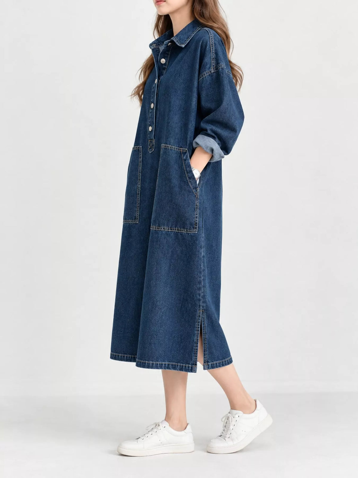 Blue button front denim shirt dress, side view