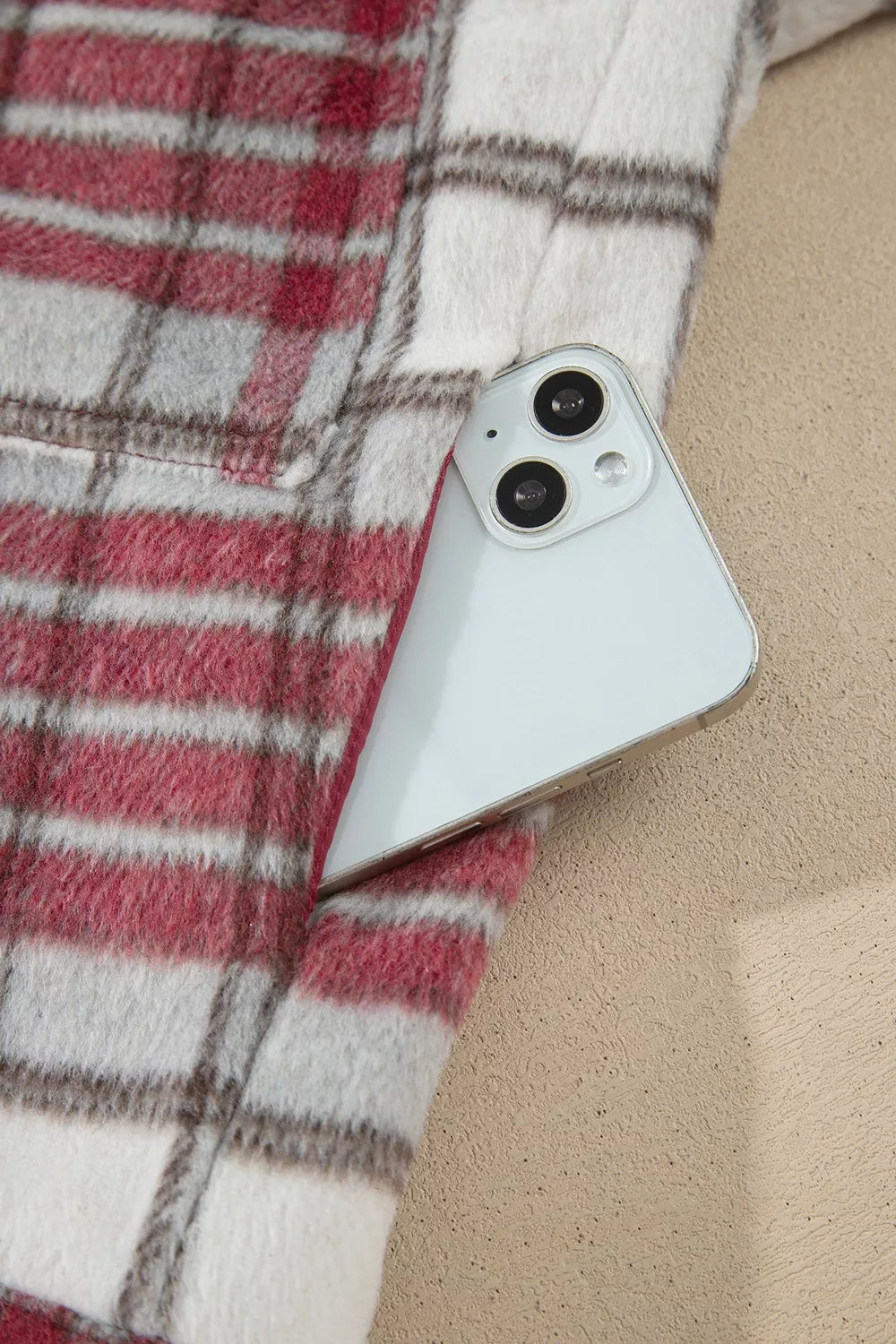 Plaid Button-Collar Long Sleeve Jacket, side pocket detail