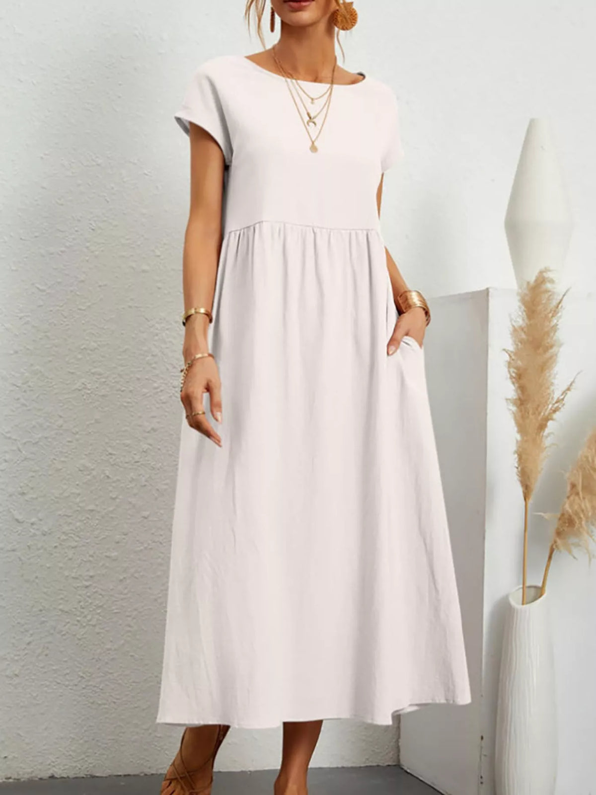 Round neck short sleeve midi dress, front view on model