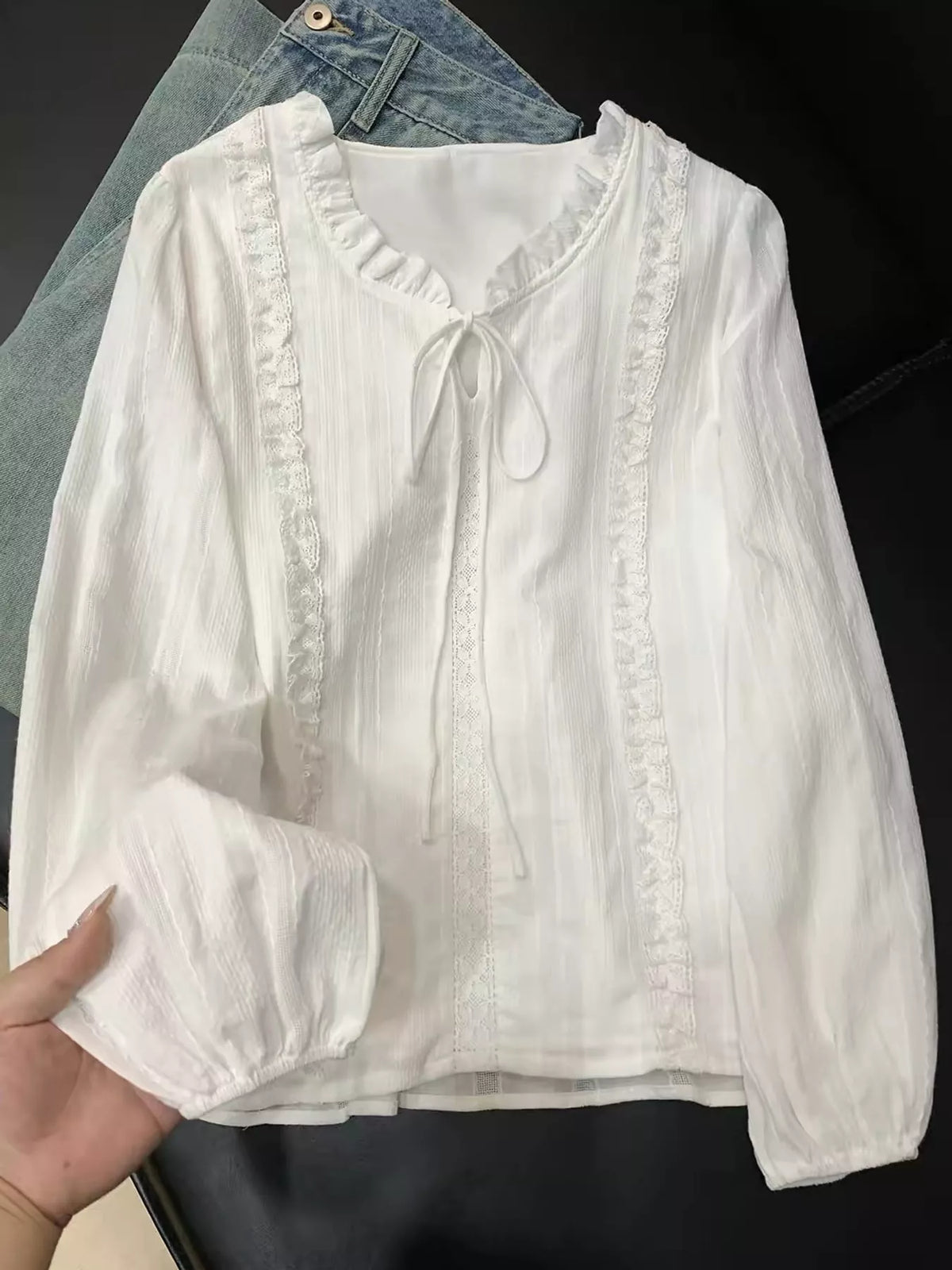 White - Lined lace-trimmed ruffle tie-neck blouse
