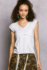 Trendsi POL V-Neck Lightweight Textured Short Sleeve Knit Top with Lace Trim -