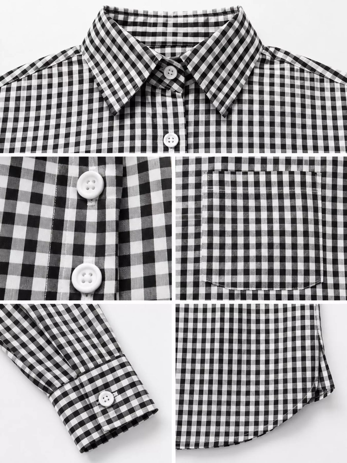 Black and white plaid button-down shirt, collar, buttons, chest pocket, cuff, and curved hem close-ups