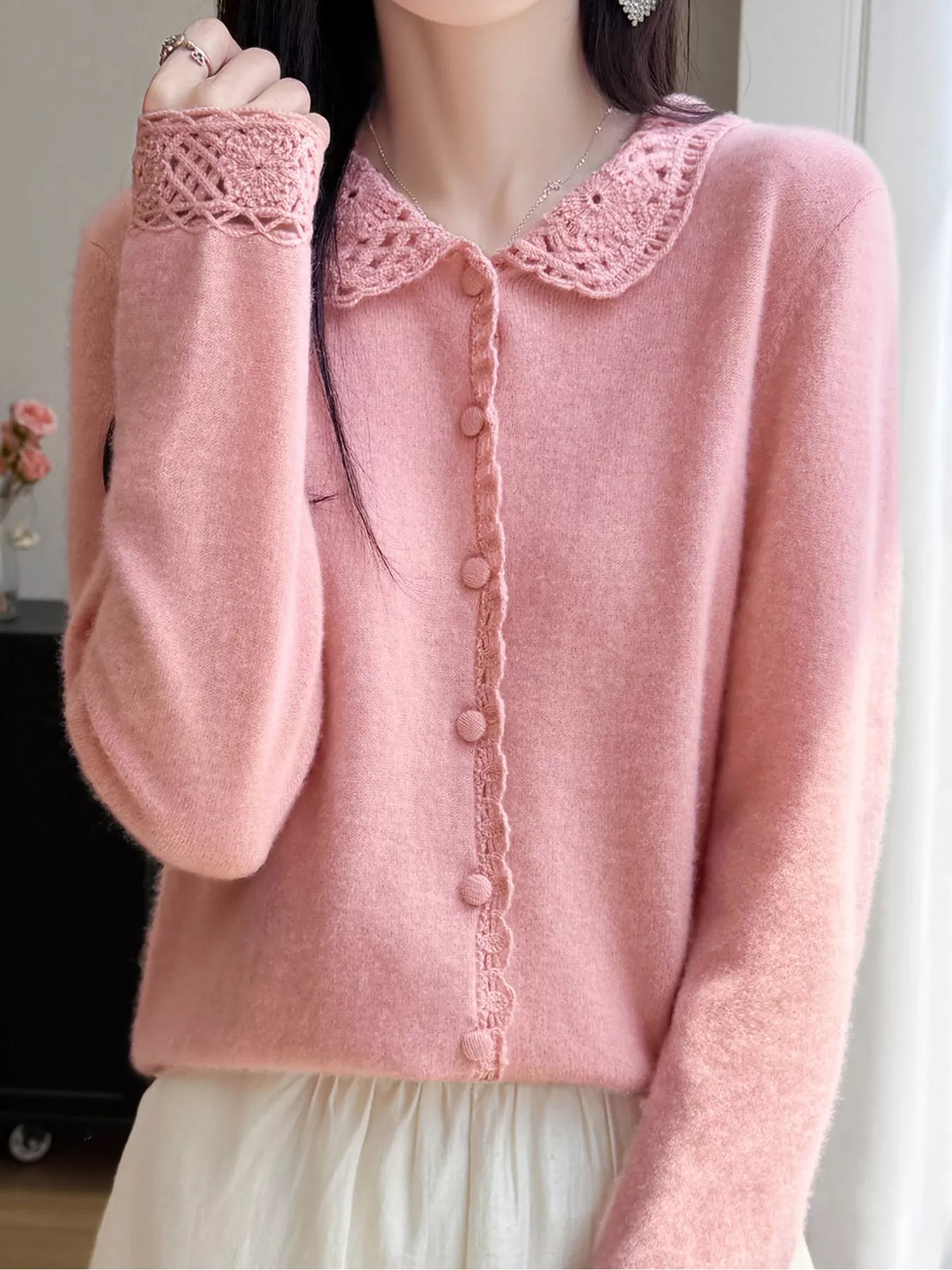 Lace-collar cardigan, pink collar detail
