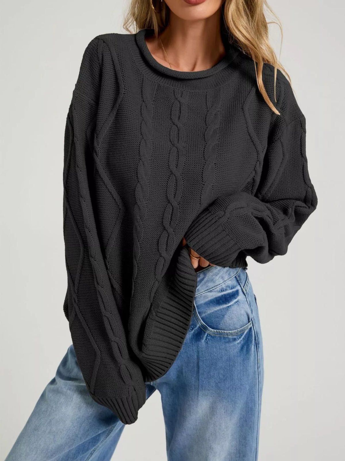 Trendsi Cable Knit Ribbed Hem Sweater -