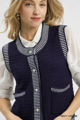Trendsi Umgee Contrast Striped Trim Button-Down Sweater Vest -
