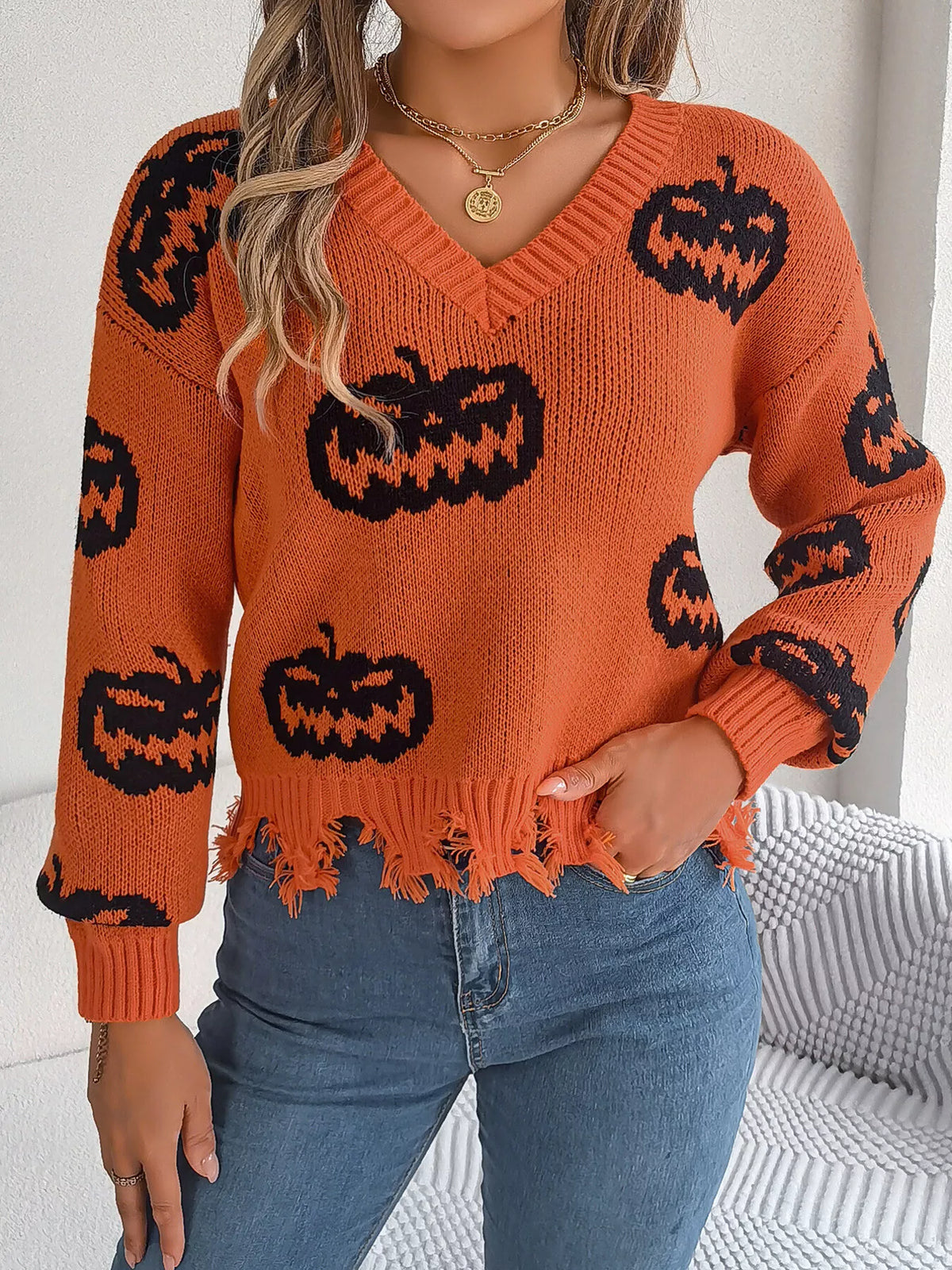 Pumpkin Distressed Hem Sweater in orange, front view