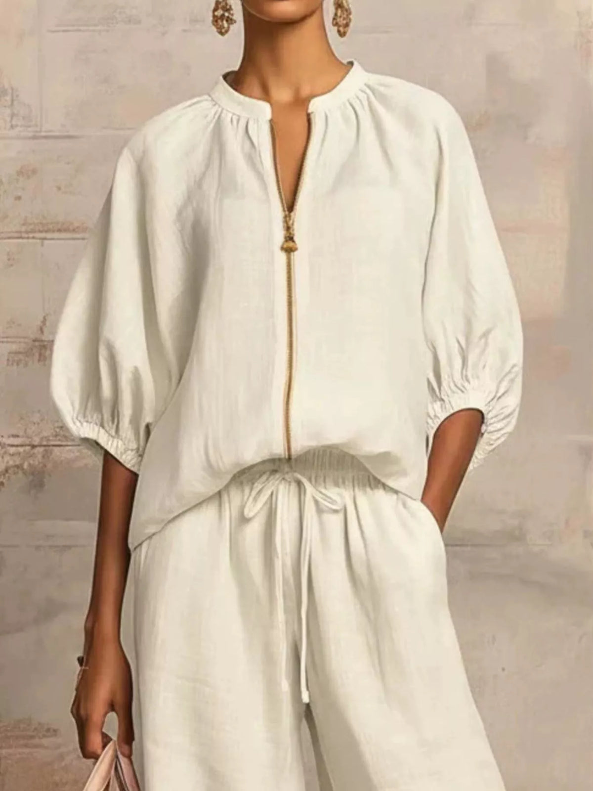 Zip-front top and wide-leg pants set