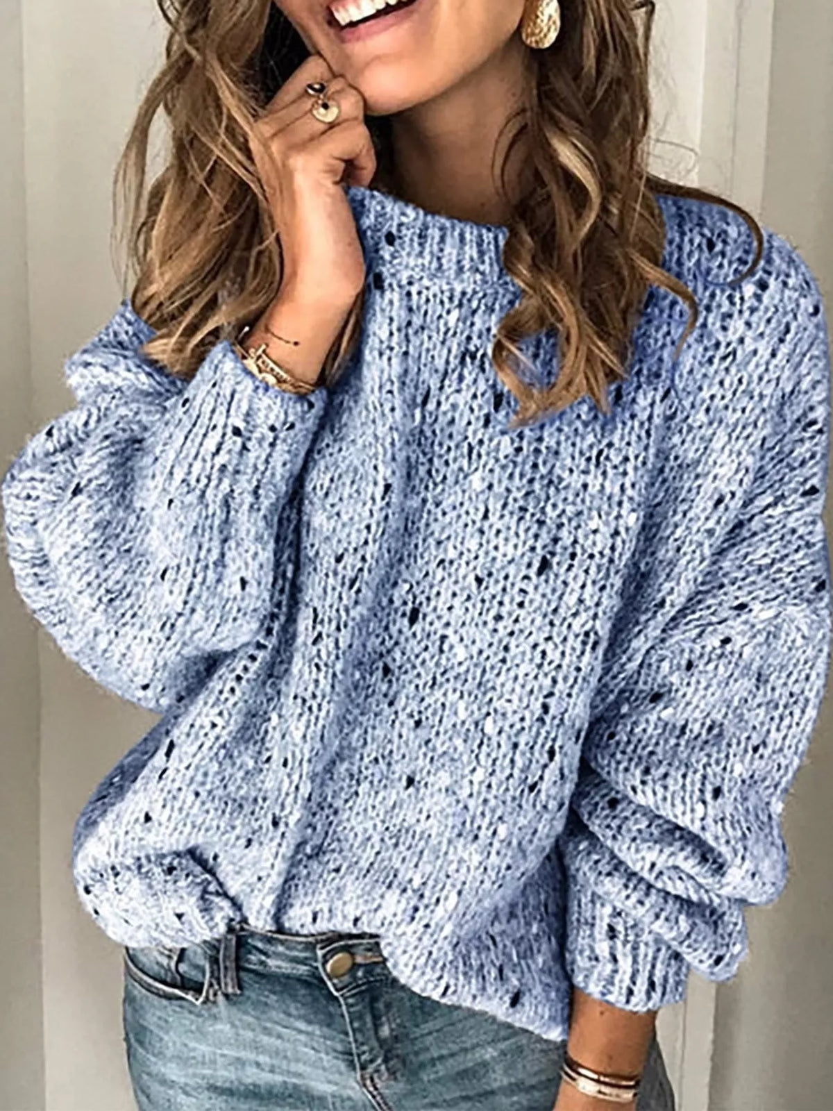 Light blue chunky knit round neck sweater, front view
