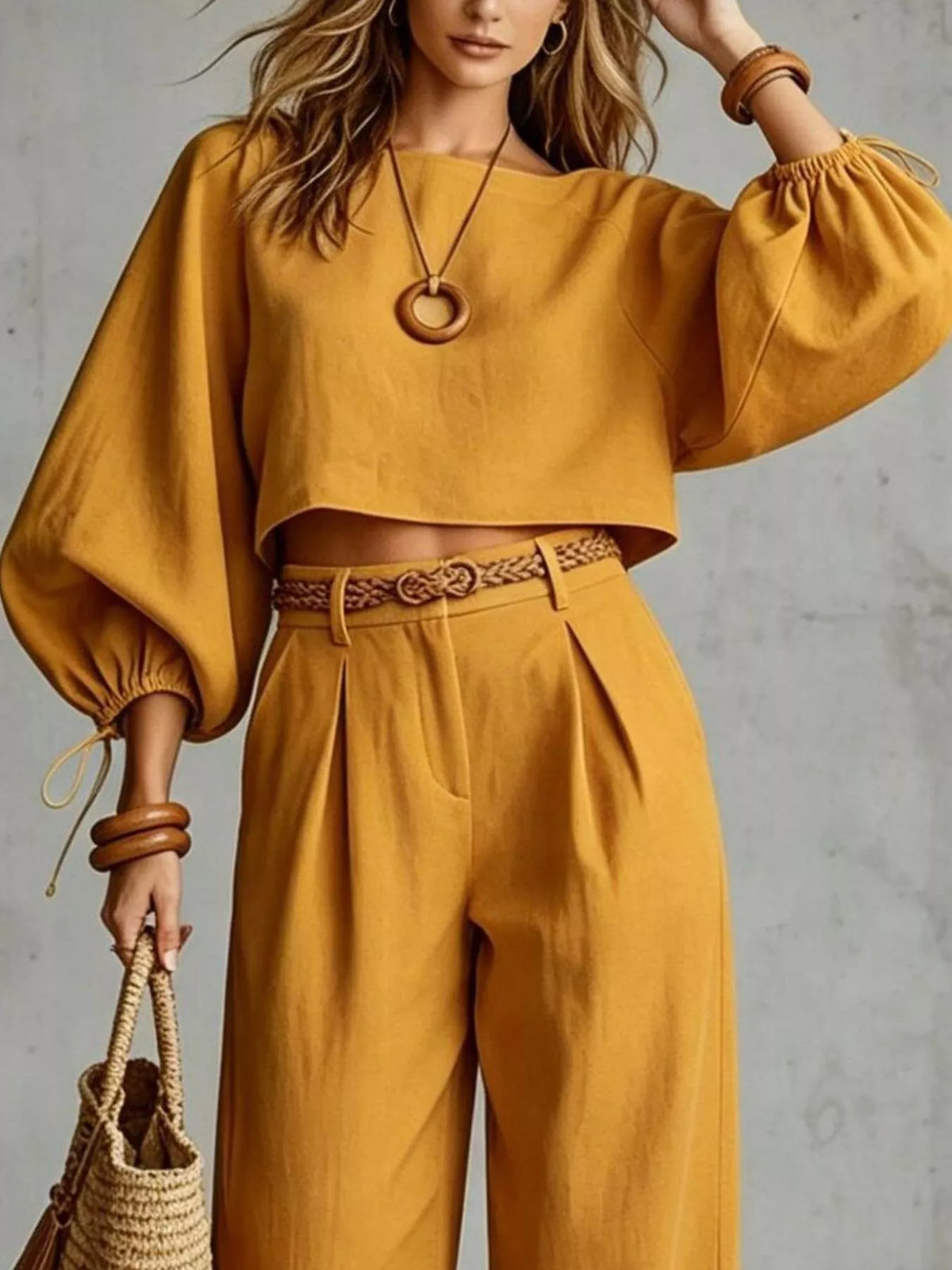 Cropped blouse and pants set, mustard top detail