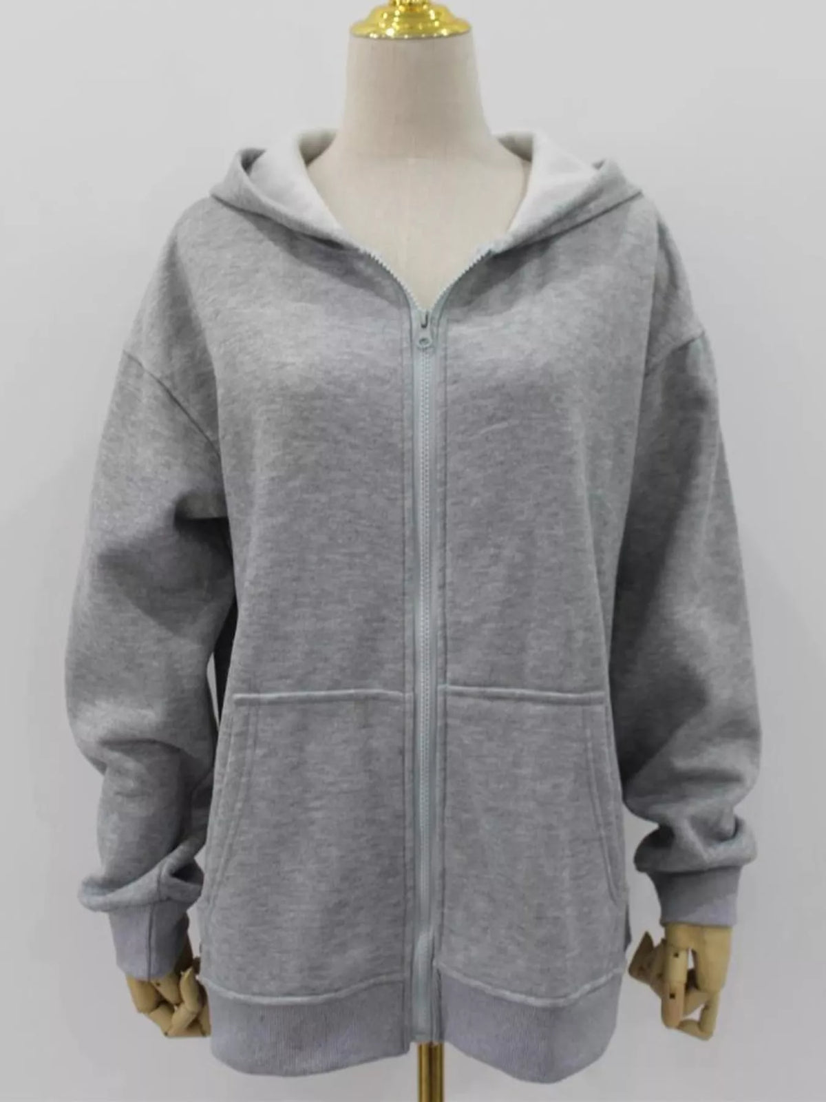 Women's Zip-Up Dropped Shoulder Hoodie in gray — mannequin front view