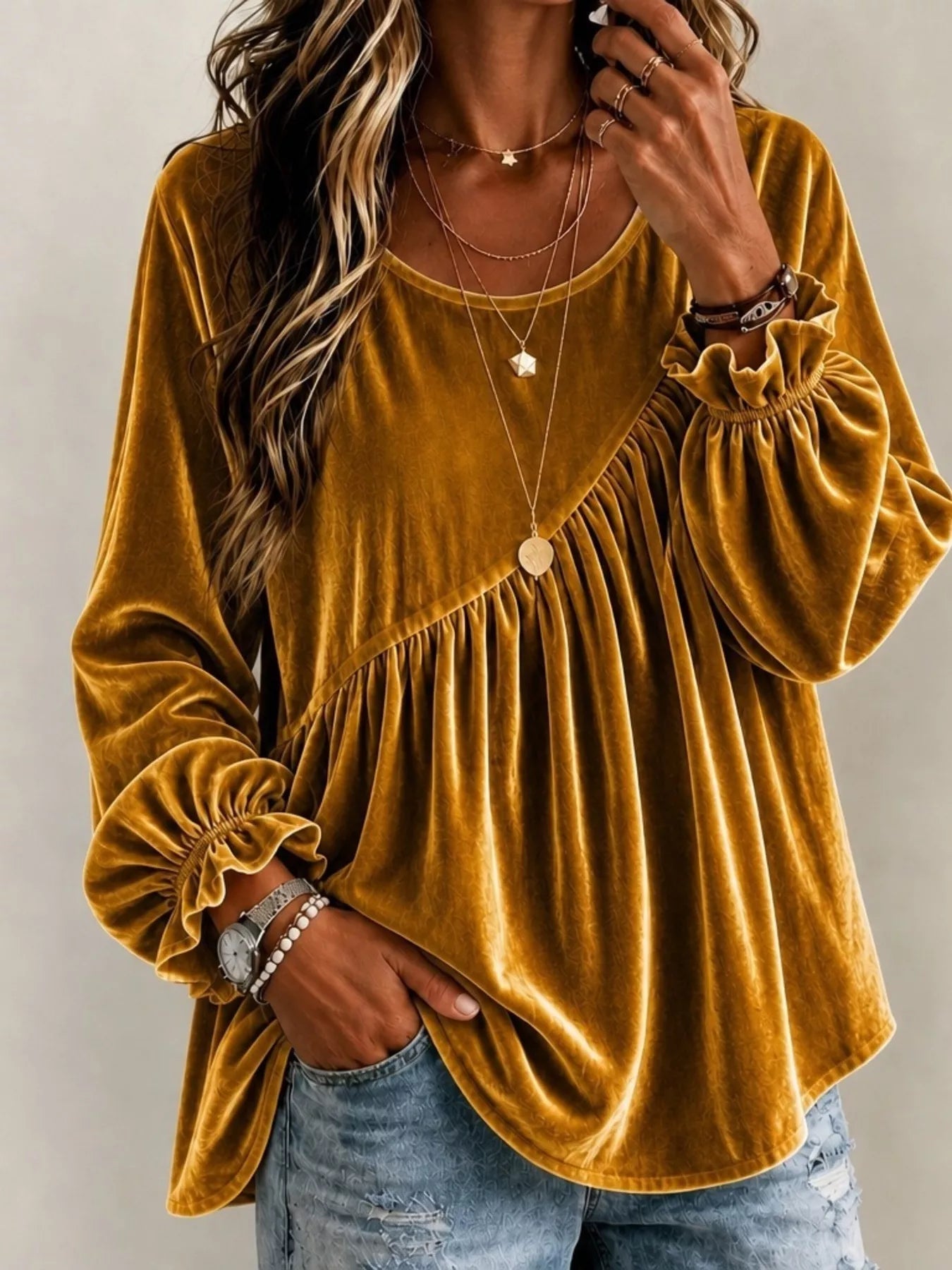 Trendsi Full Size Velvet Round Neck Long Sleeve Blouse Plus Size -