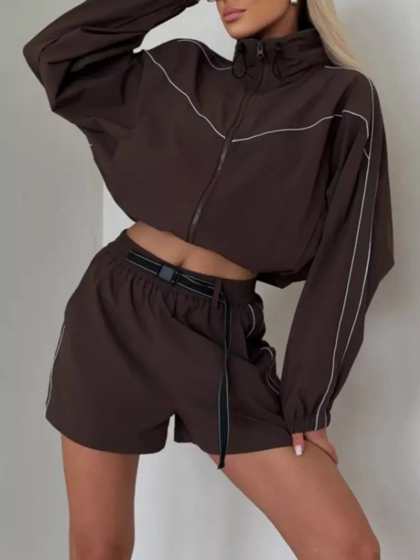 Trendsi Drawstring Zip-Up Jacket and Shorts Set -