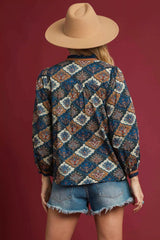 Trendsi Umgee Abstract Print Ruffle Neck Top -