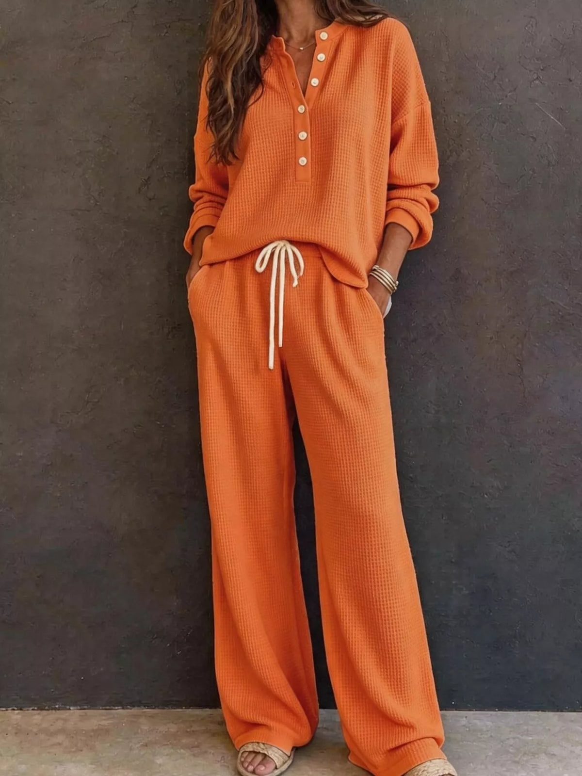 Women's Waffle Knit Button Detail Top and Pants Set in orange — front view