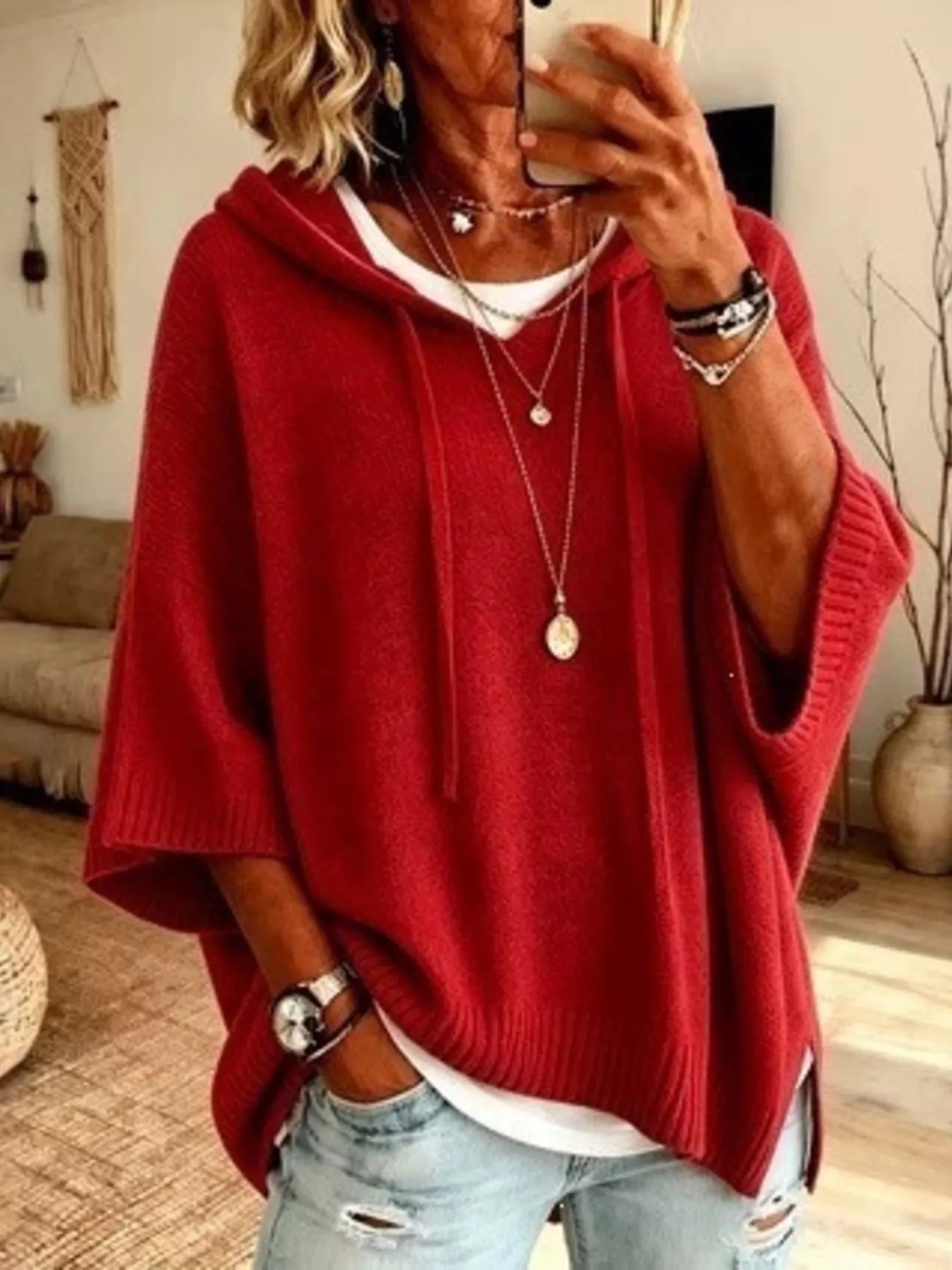 Trendsi Full Size Casual Hooded Batwing Sleeve Knit Sweater Plus Size -