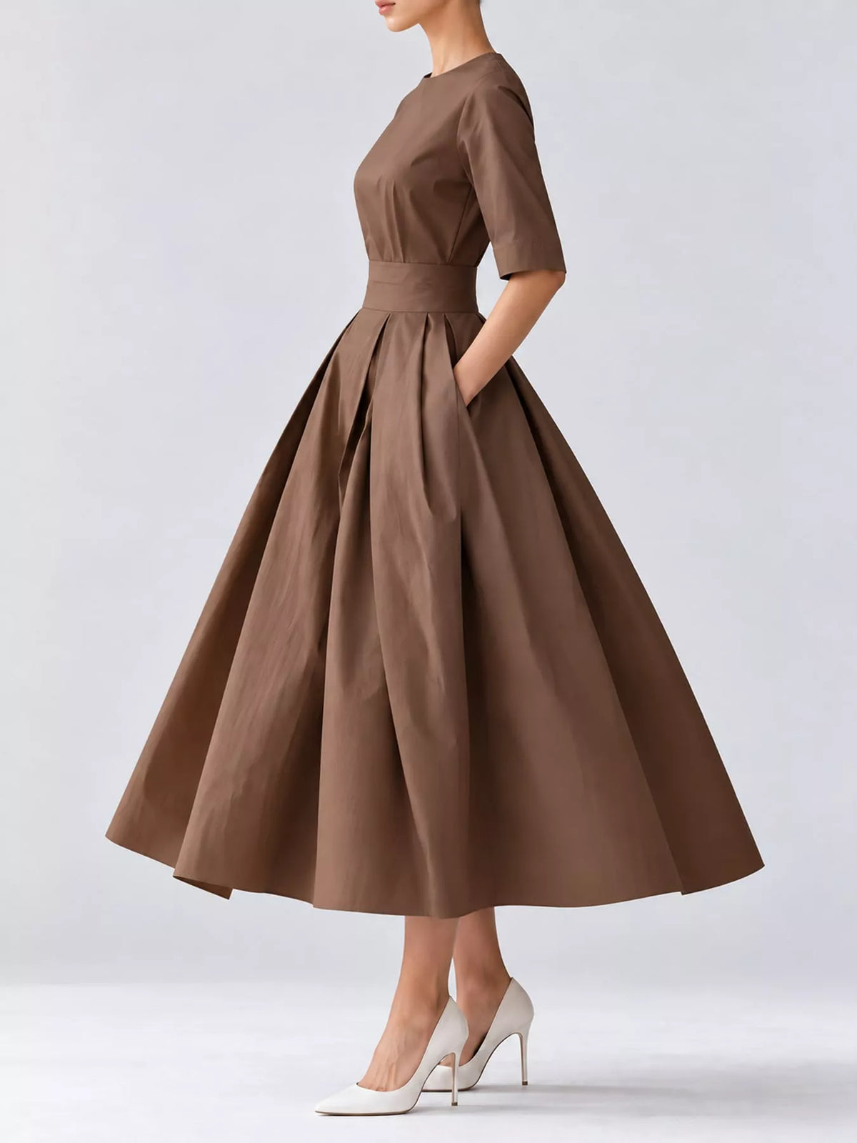 Round neck short sleeve midi dress, side view