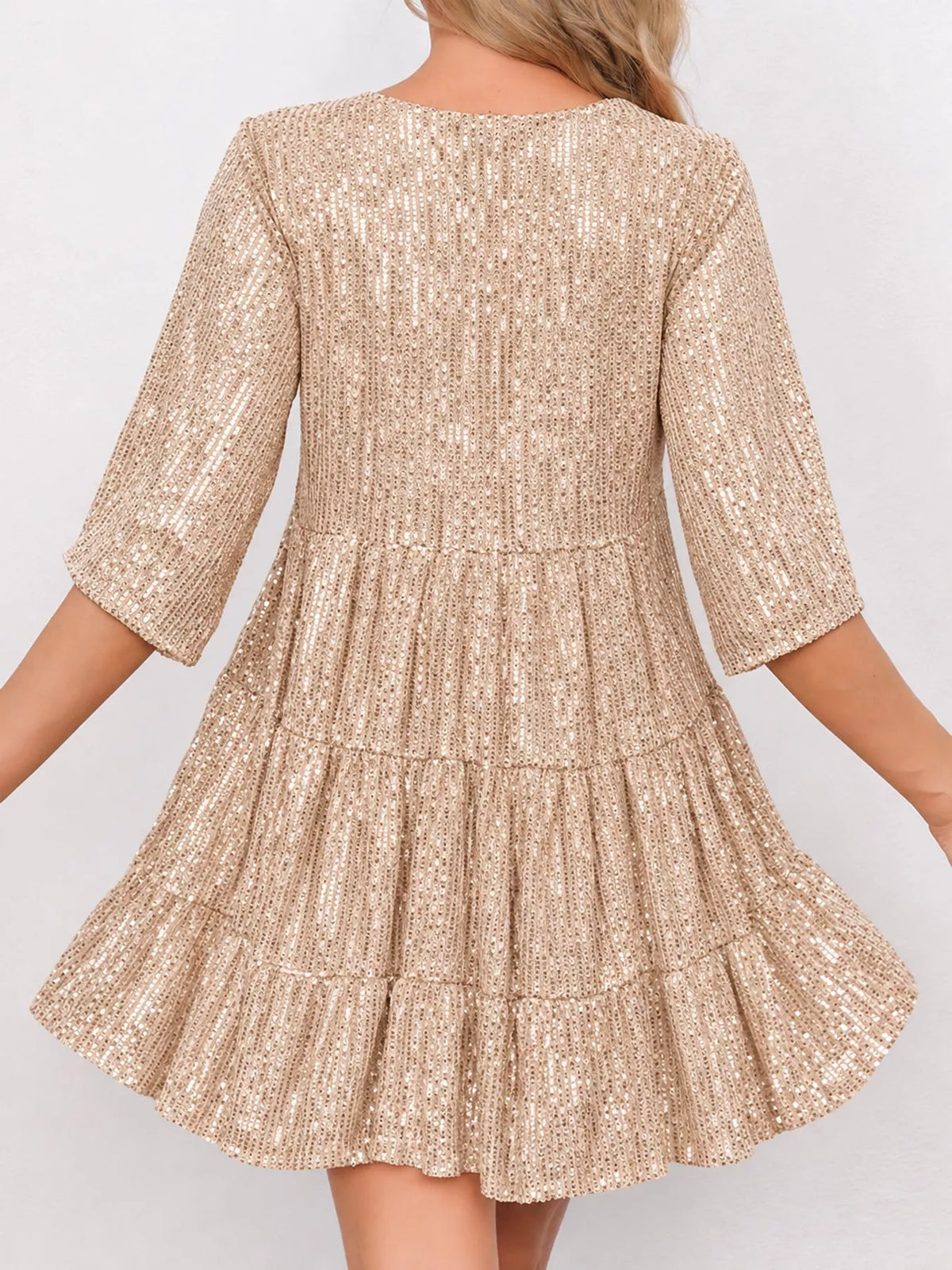 Round neck 3/4 sleeve mini dress, back view