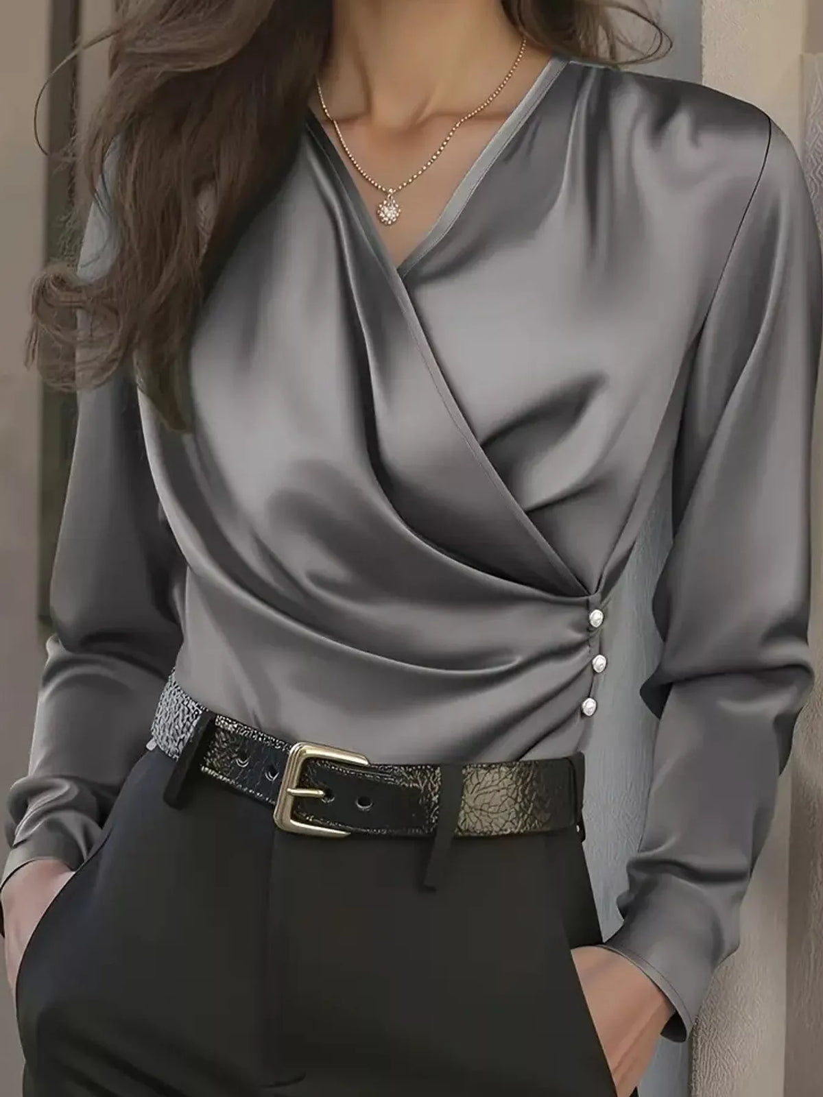 Surplice blouse, gray front