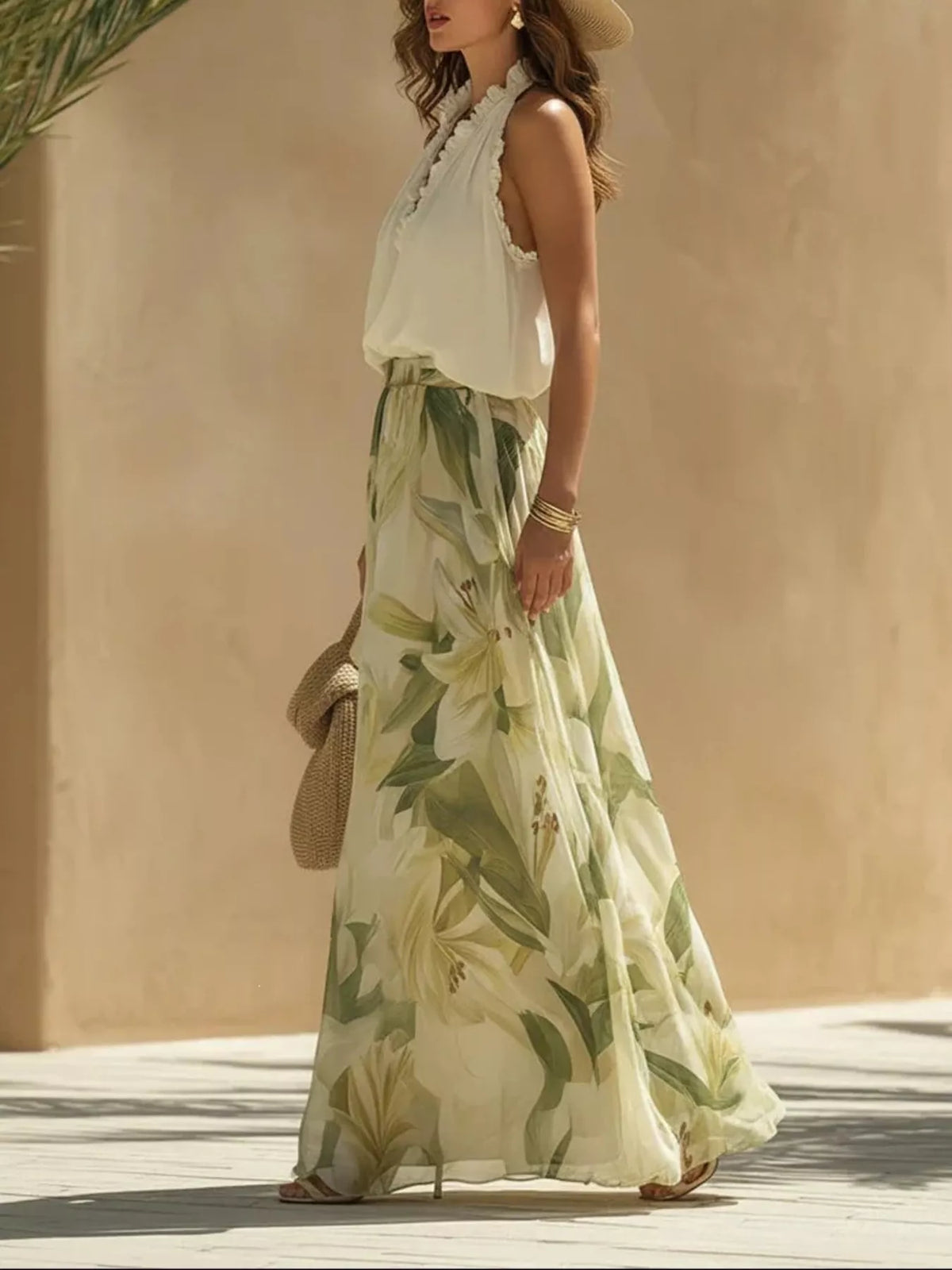 Cream and green ruffled sleeveless top and pants set, set side view