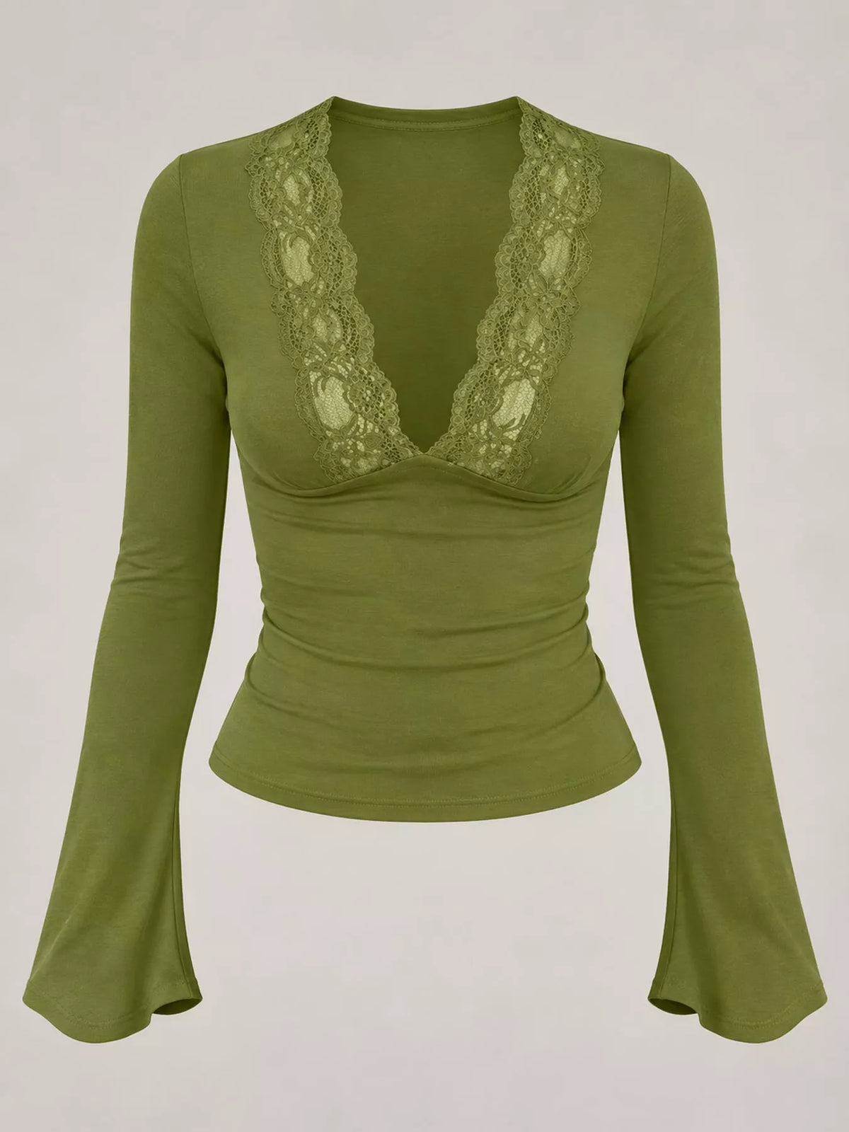 Avocado Green lace trim v-neck long sleeve slim fit t-shirt