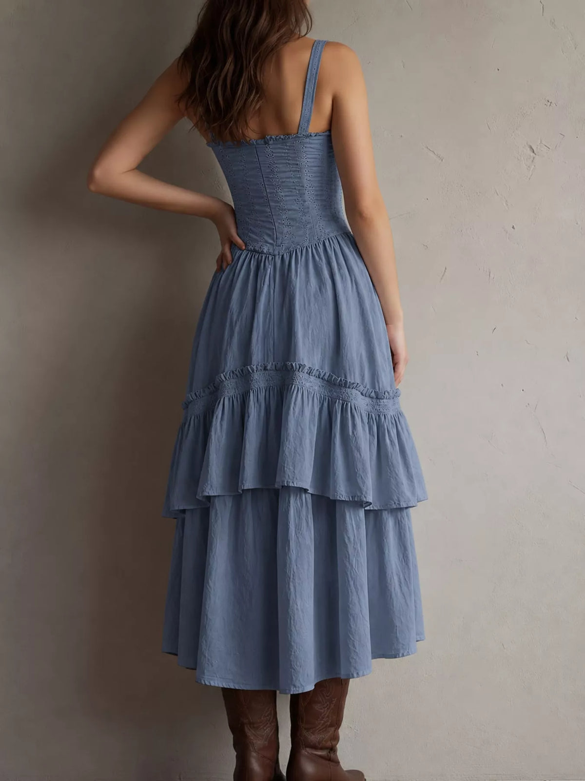Layered Ruffle Midi Dress, back view in blue