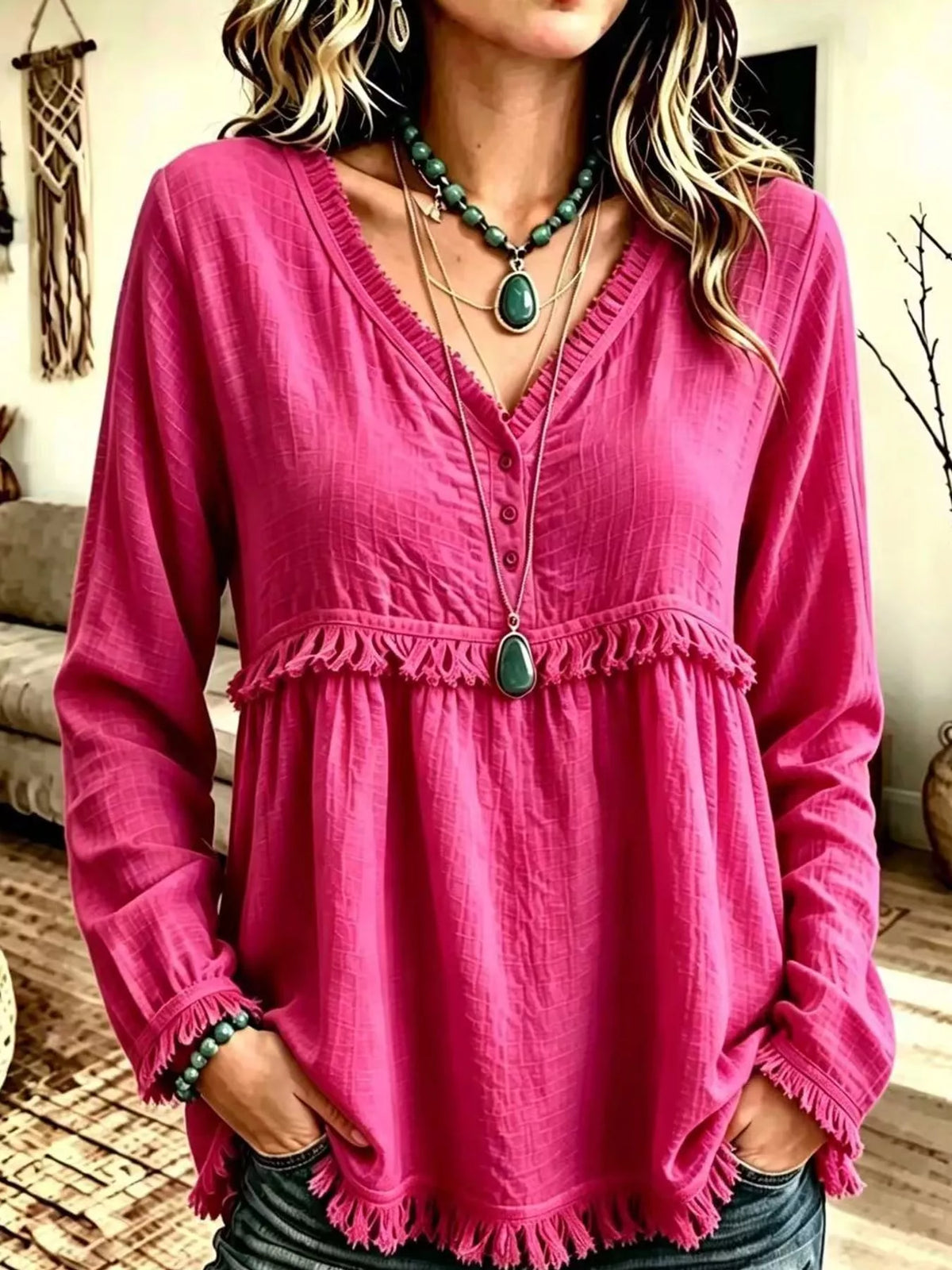 Fringe-trim blouse, pink front