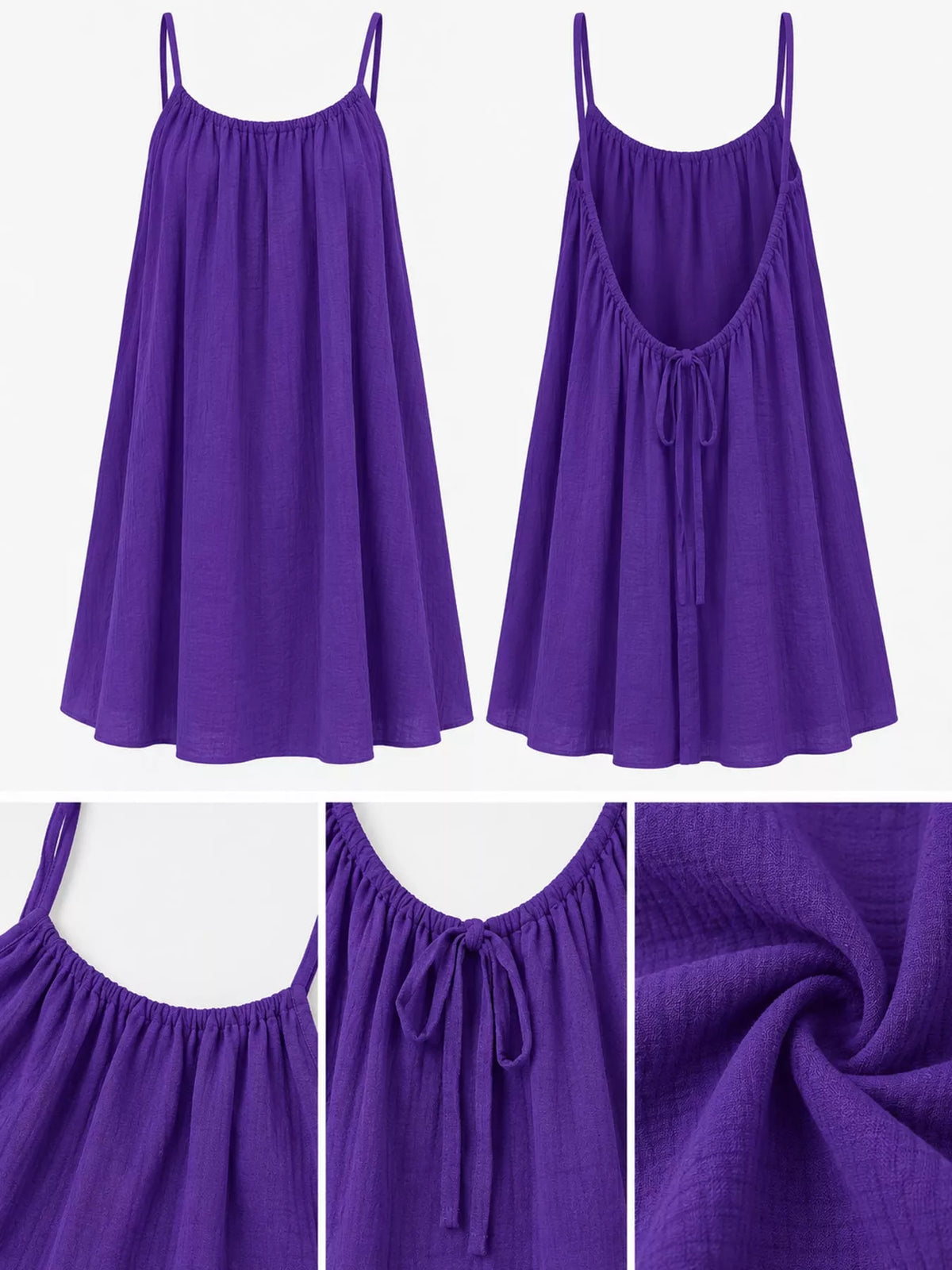 Purple spaghetti strap A-line mini dress with open tie back, front, back and construction details