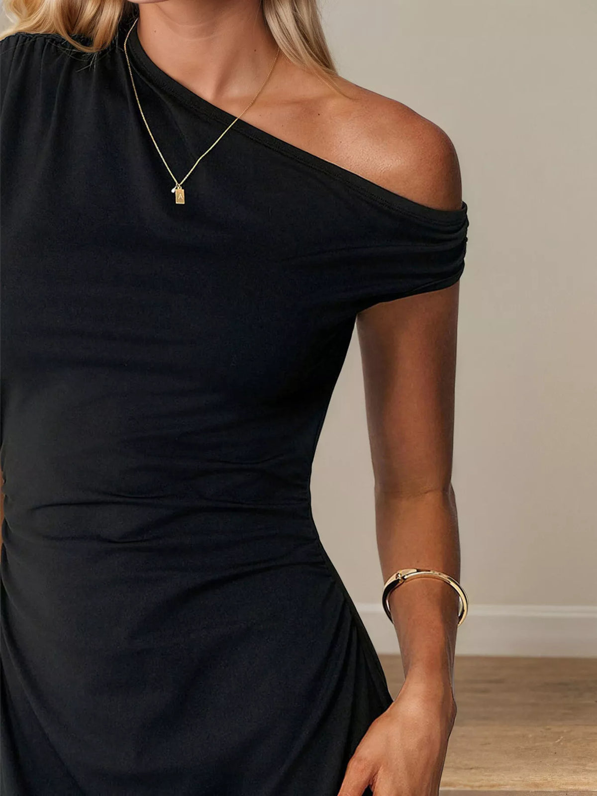 Black One-Shoulder Ruched Bodycon Mini Dress back view