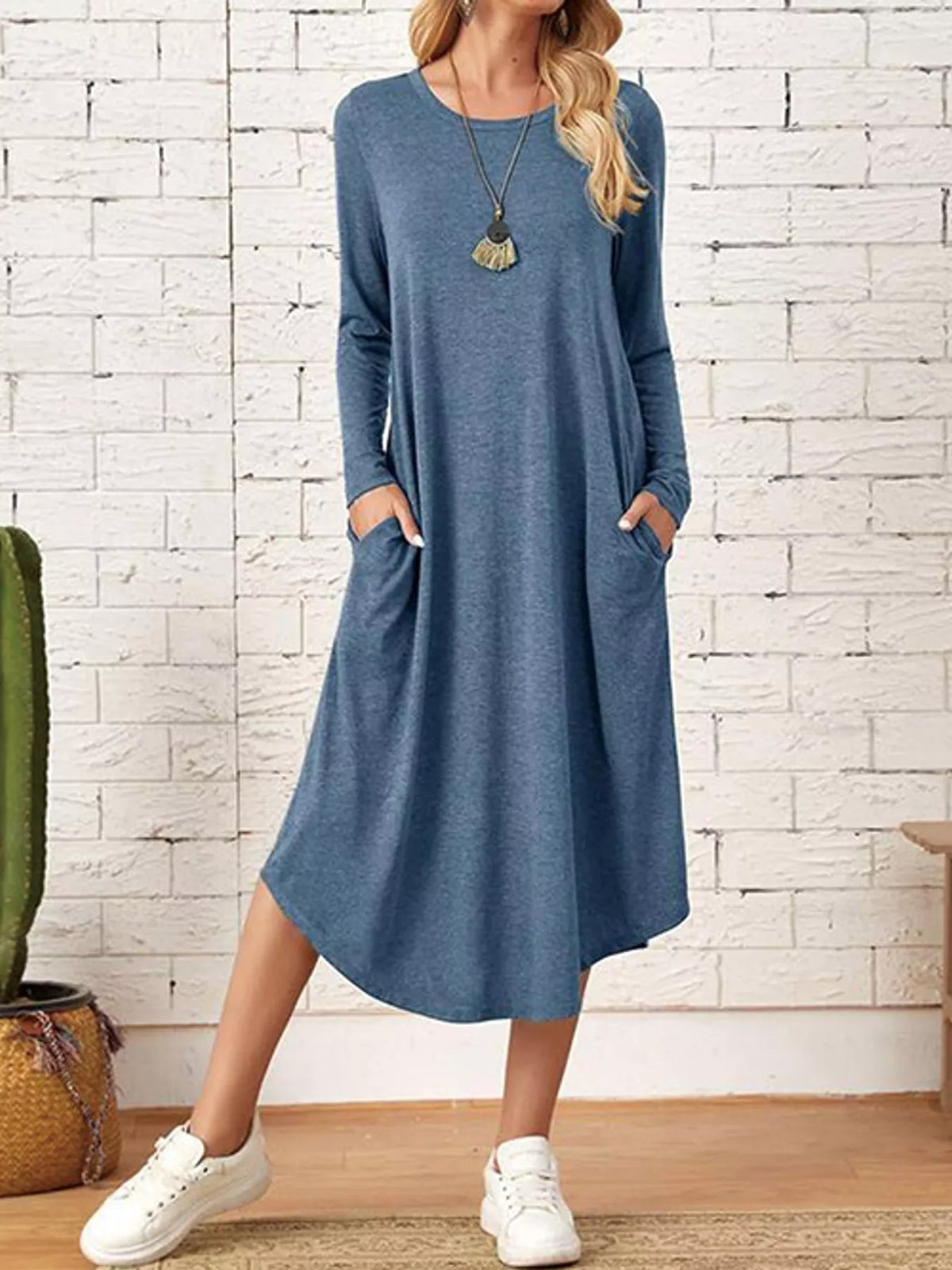 Round neck long sleeve midi dress, front view on model