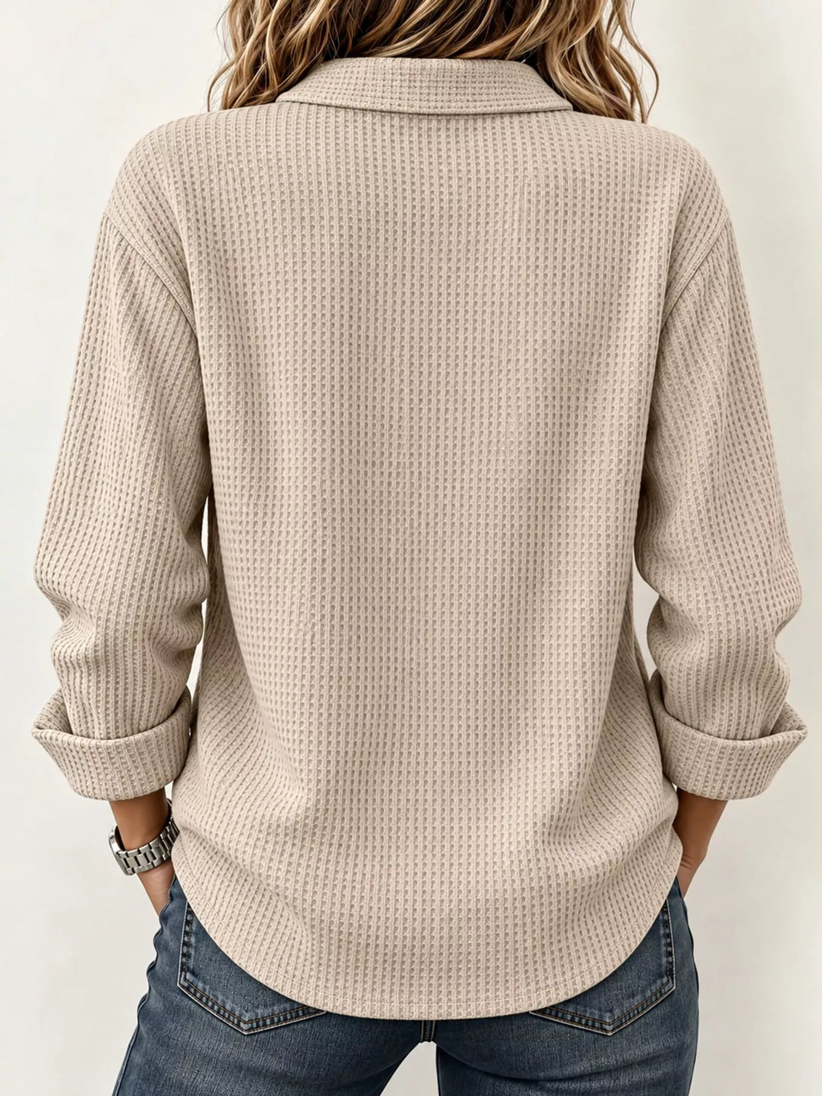 Beige waffle knit long sleeve polo top, back view