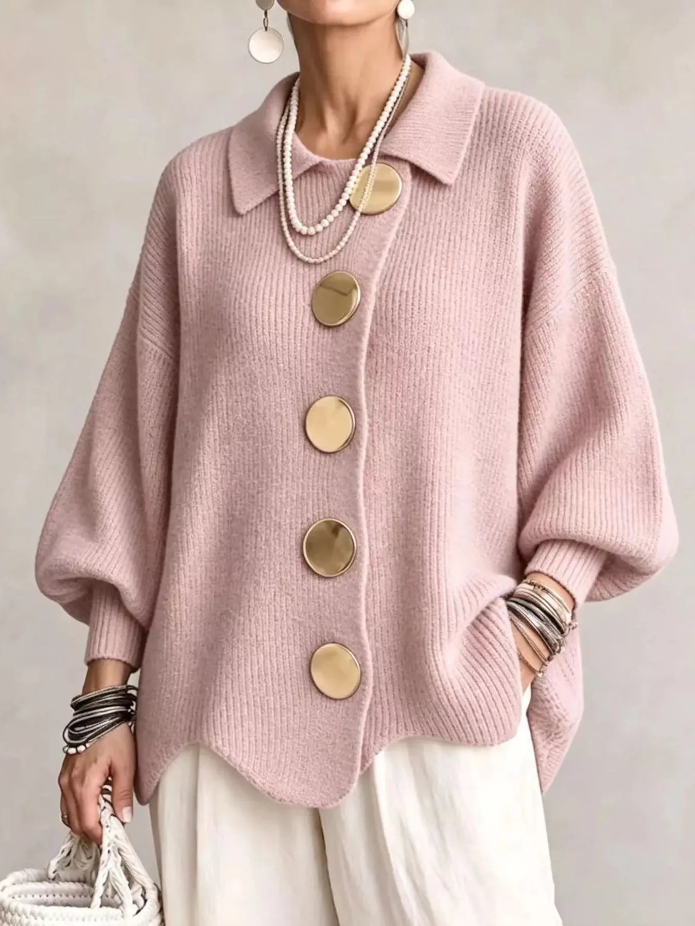 Trendsi Full Size Gold Buttons Lantern Sleeve Cardigan Plus Size -