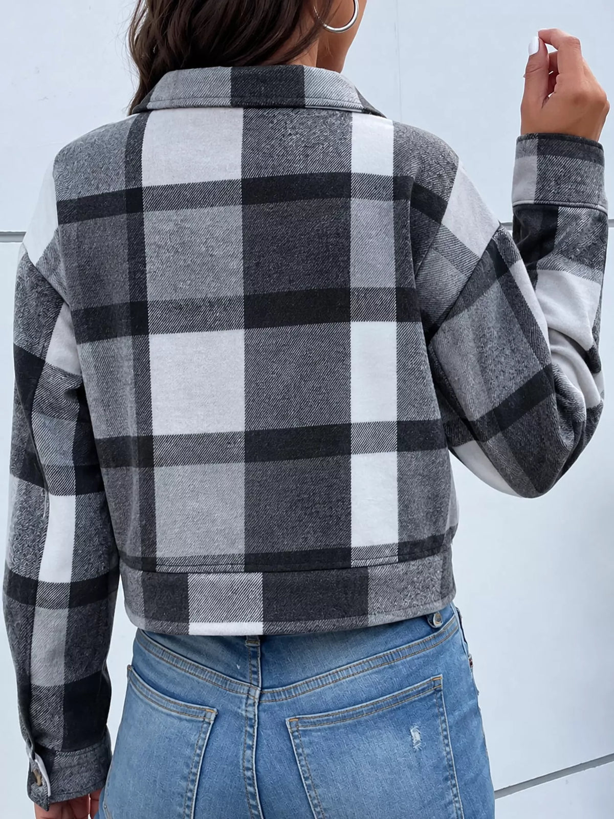 Plaid cropped jacket, gray plaid back