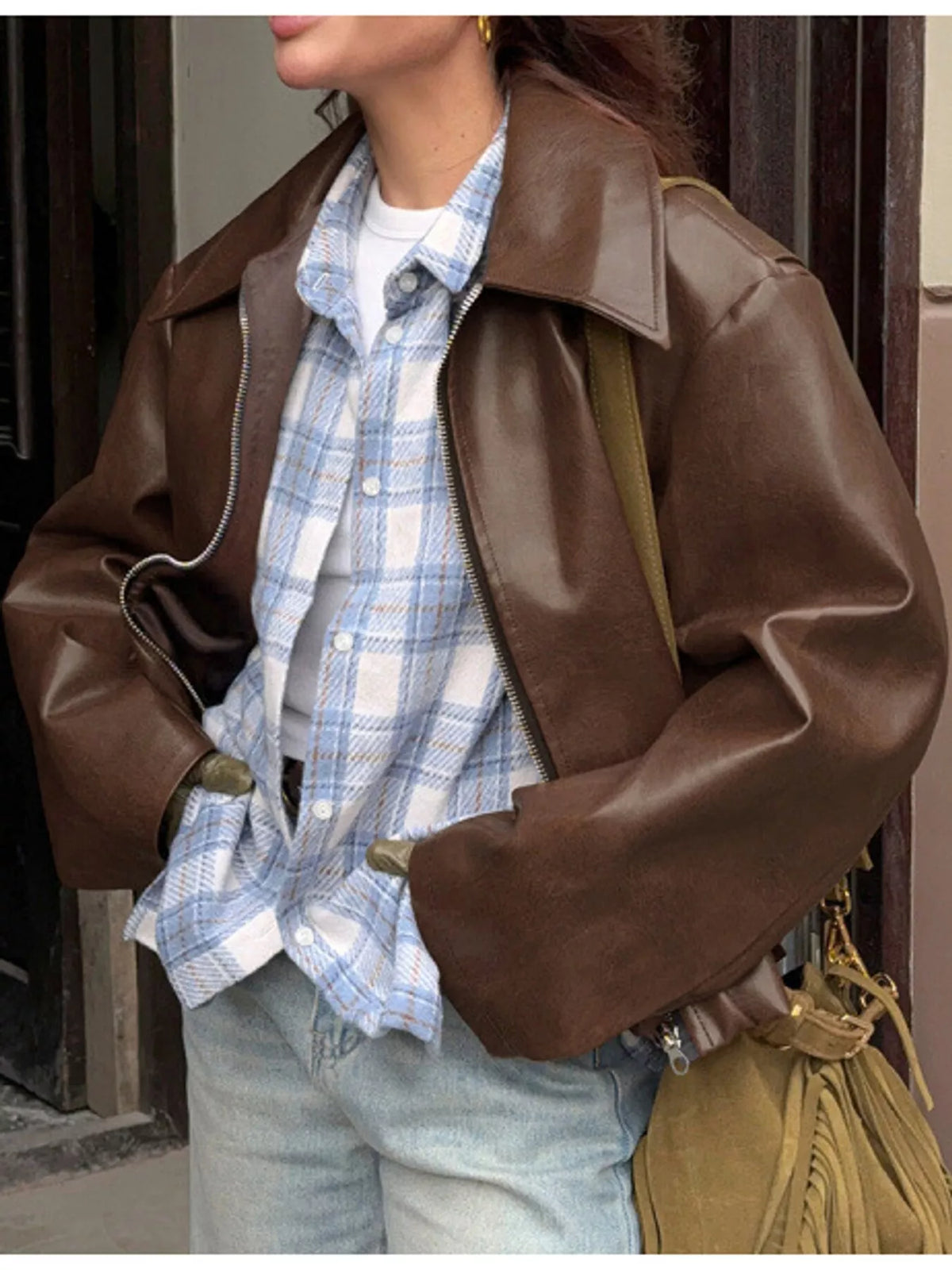 Vintage Faux Leather Zip-Up Jacket — front view