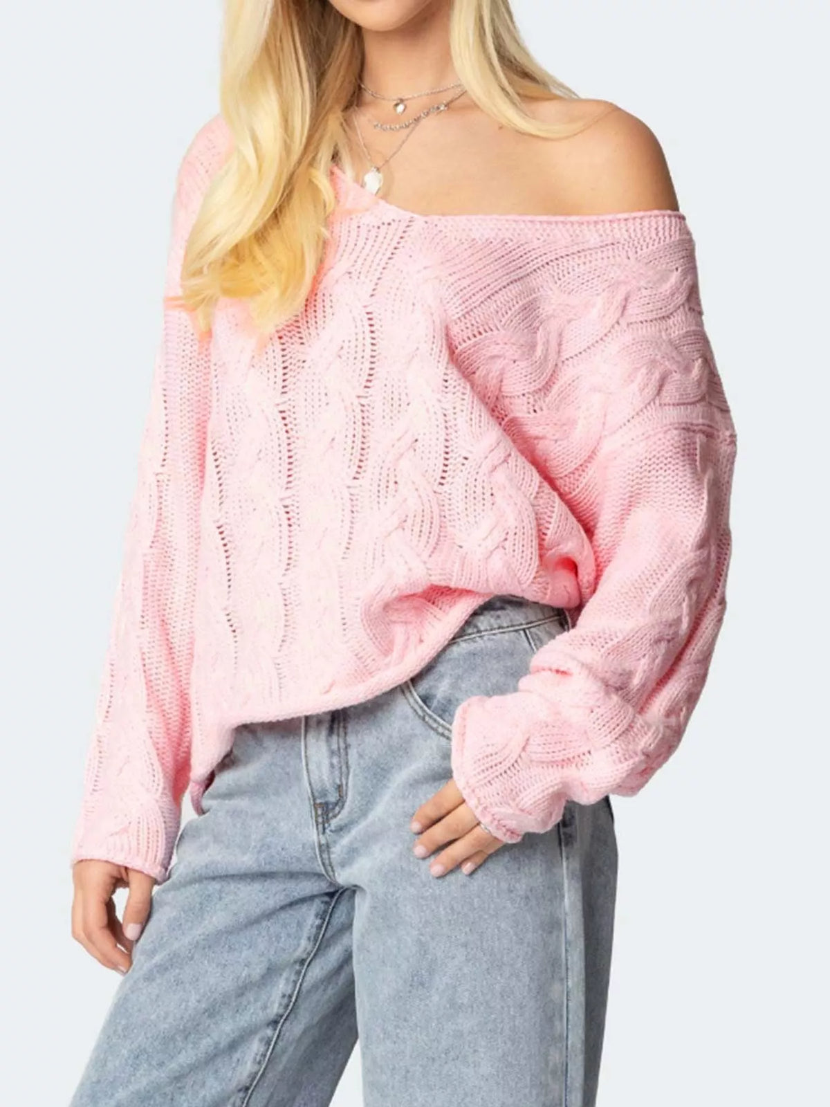V-neck long sleeve sweater, front view on model
