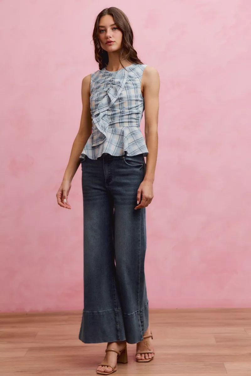 Women's Plaid Sleeveless Ruffle Peplum Top Blue And White Cotton — product view 14
