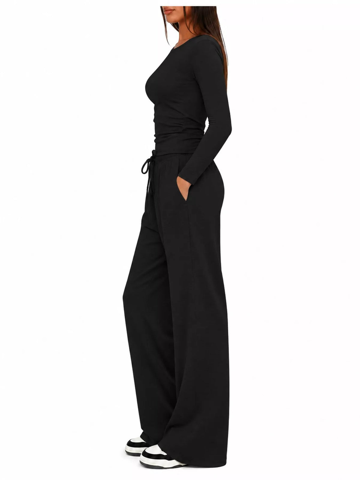 Long Sleeve Ruched Top and Wide-Leg Drawstring Pants Set — side view