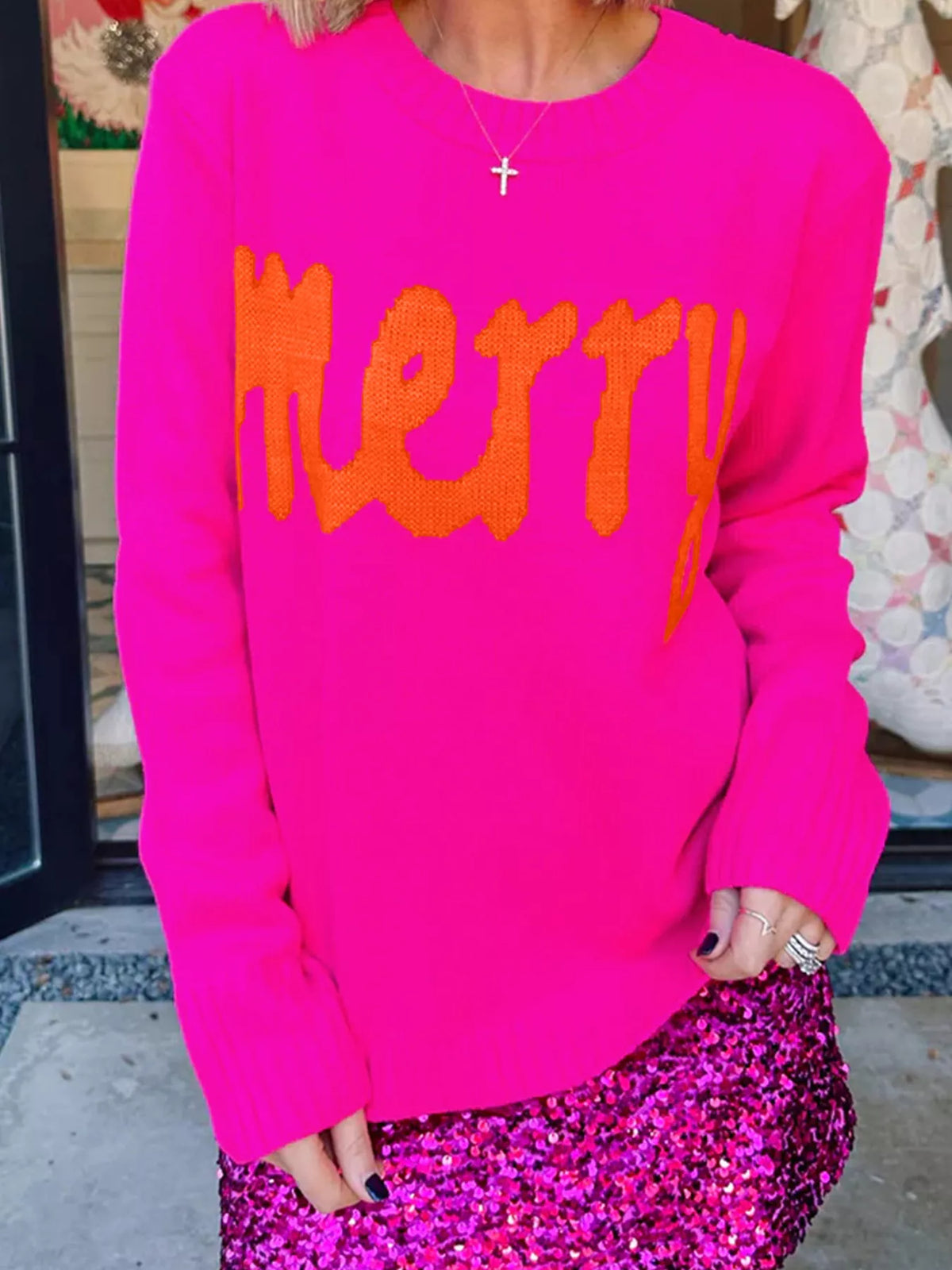Merry sweater, pink angled front
