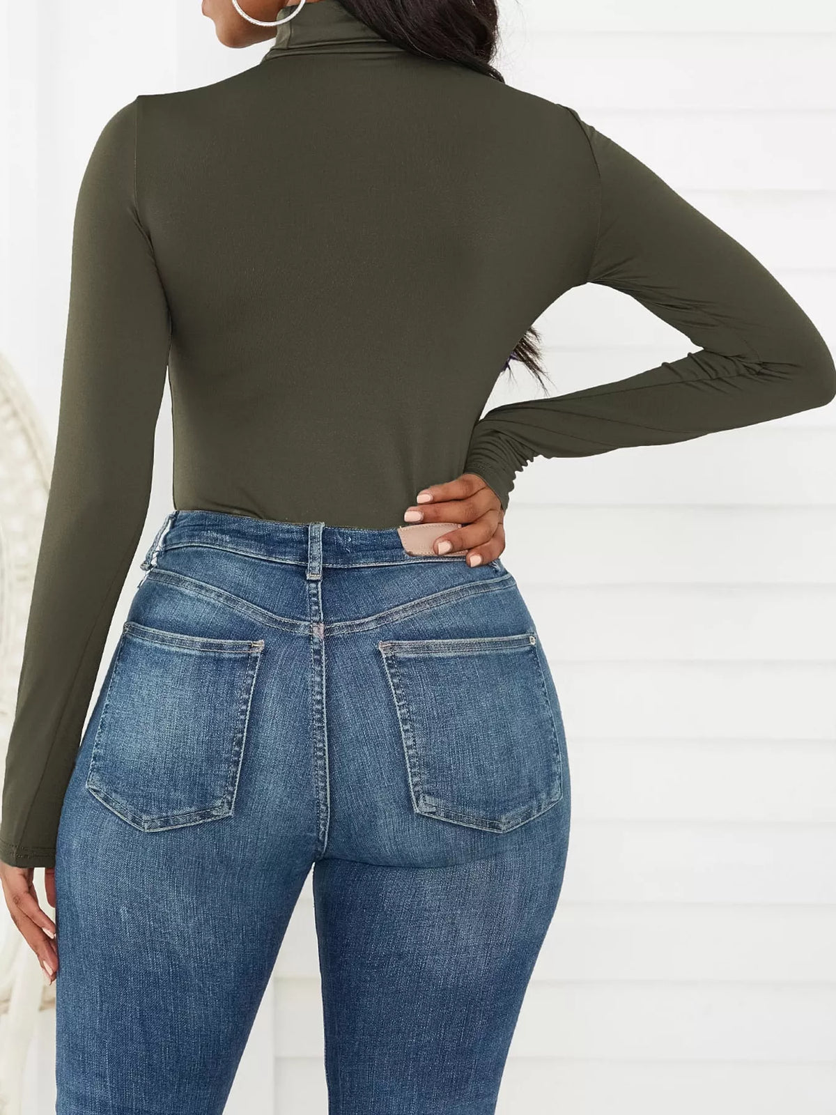 Long Sleeve Turtleneck Slim-Fit Bodysuit, back view in olive green