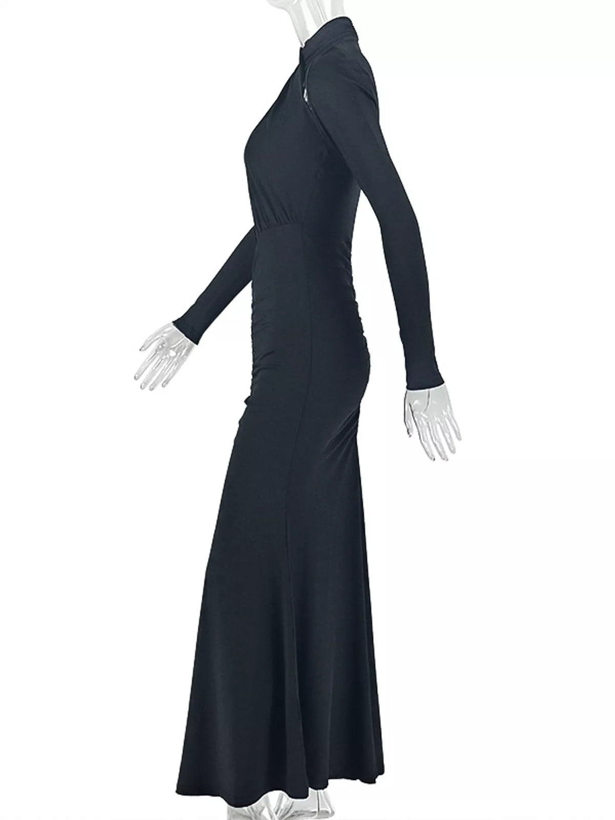 Black long sleeve cutout ruched maxi dress, side view