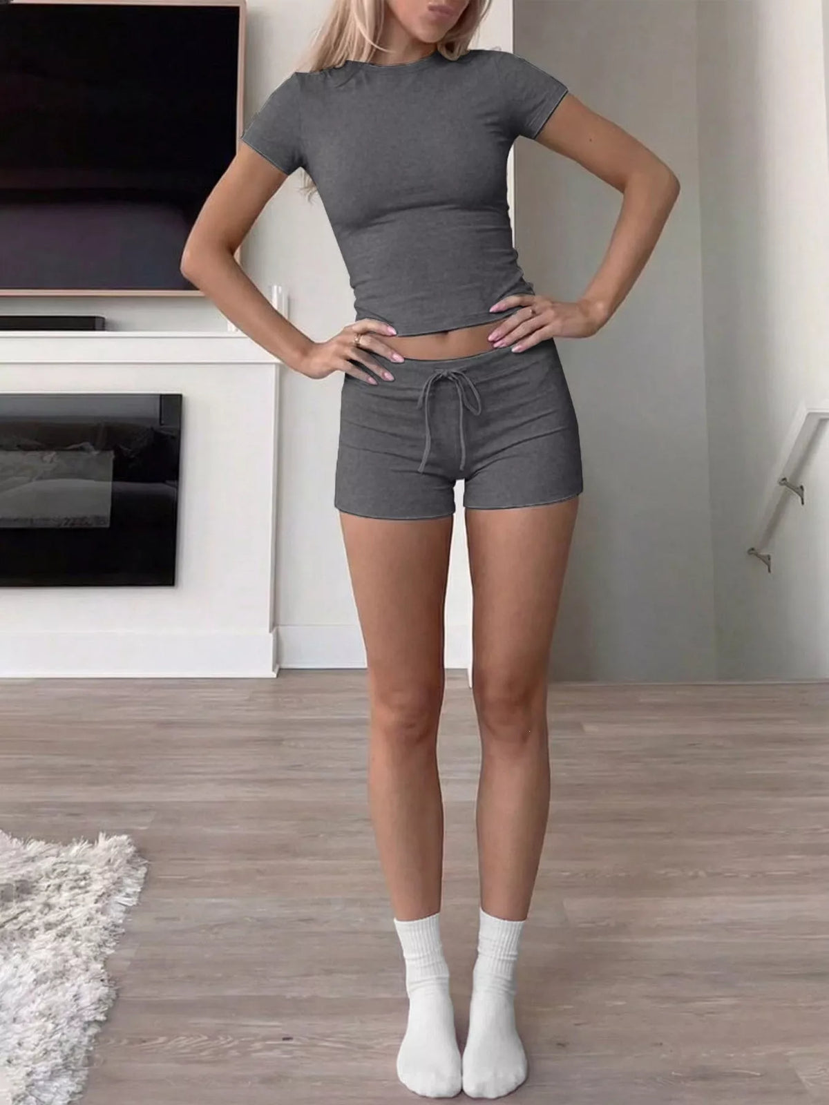 Dark gray crop top and drawstring shorts set, front view