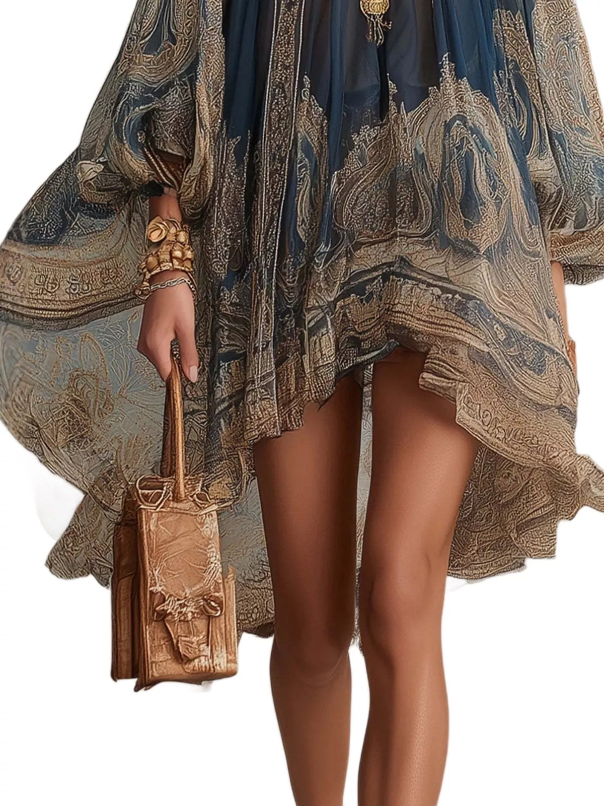 Women's Paisley Print Chiffon High-Low Mini Dress in navy and tan — hem detail view