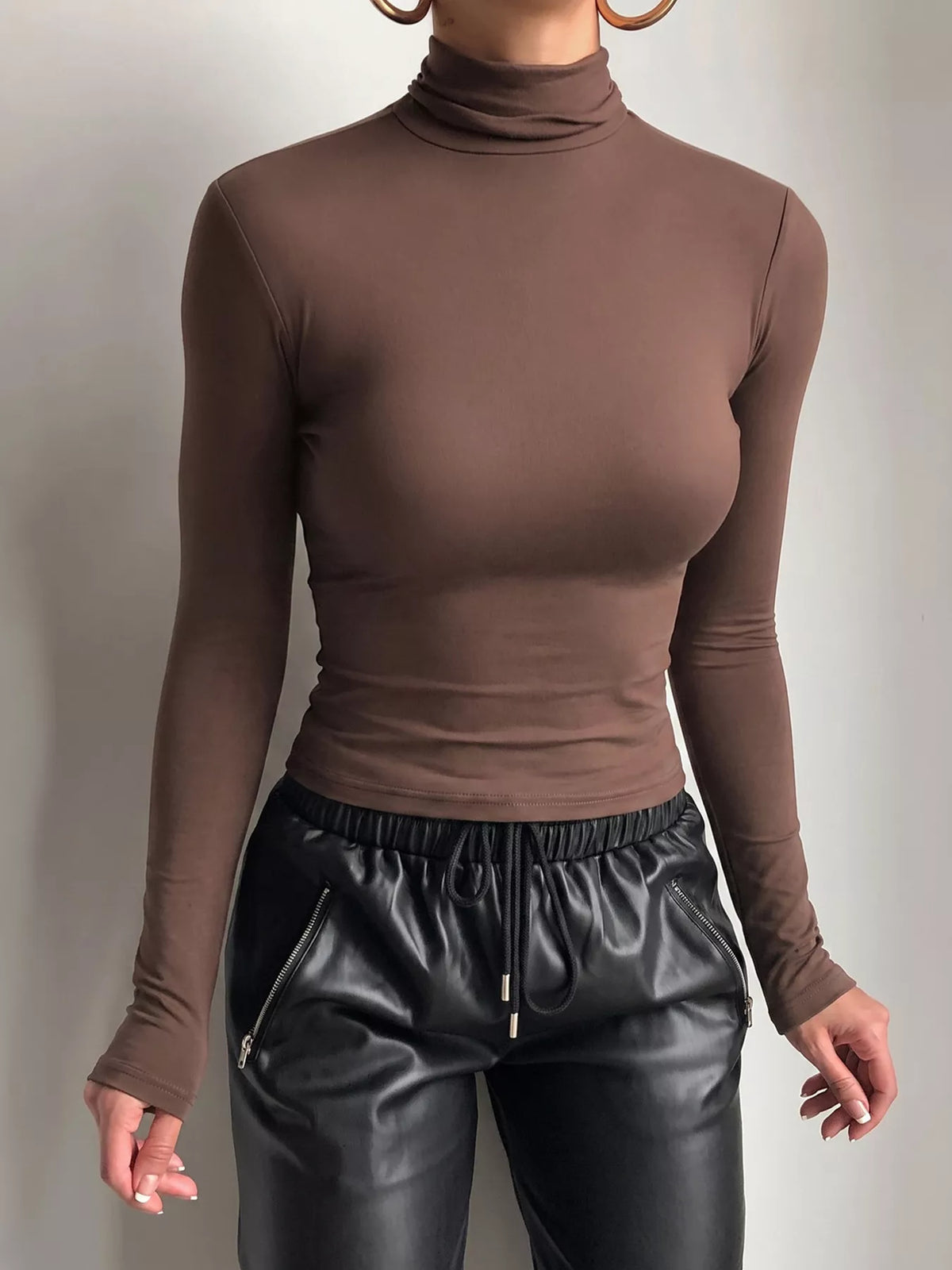 Mock Neck Long Sleeve Slim Fit T-Shirt in brown, front view