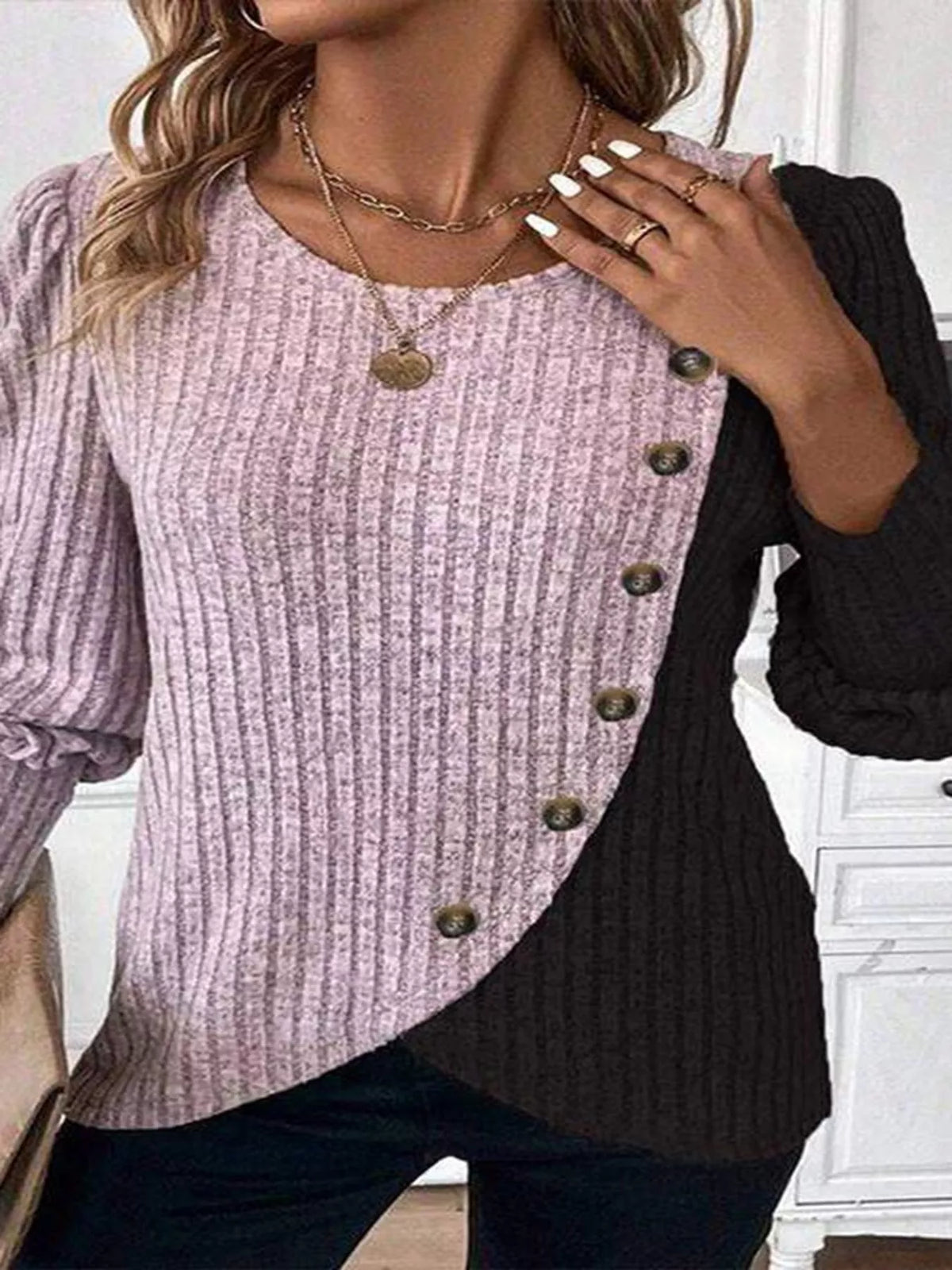 Color-Block Ribbed Knit Top with Decorative Side Buttons, detail view in pink and black