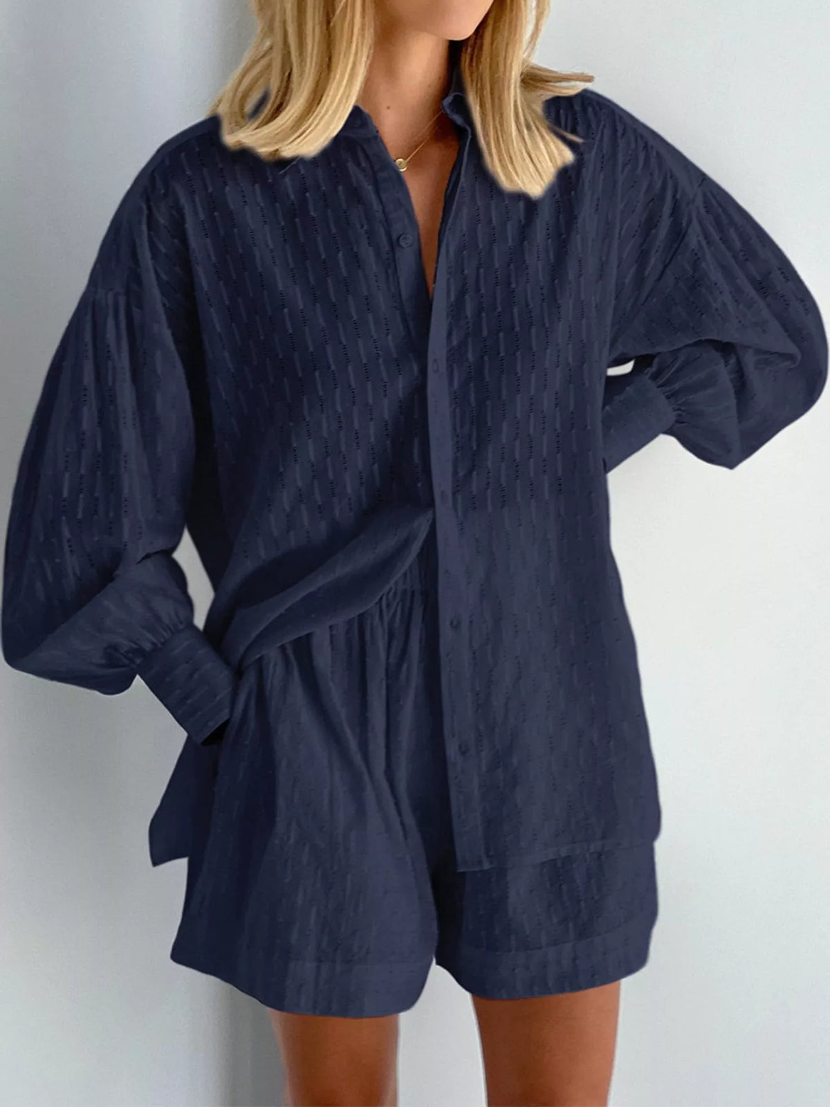 Women's Textured Button-Down Shirt and Shorts Set in navy — front view