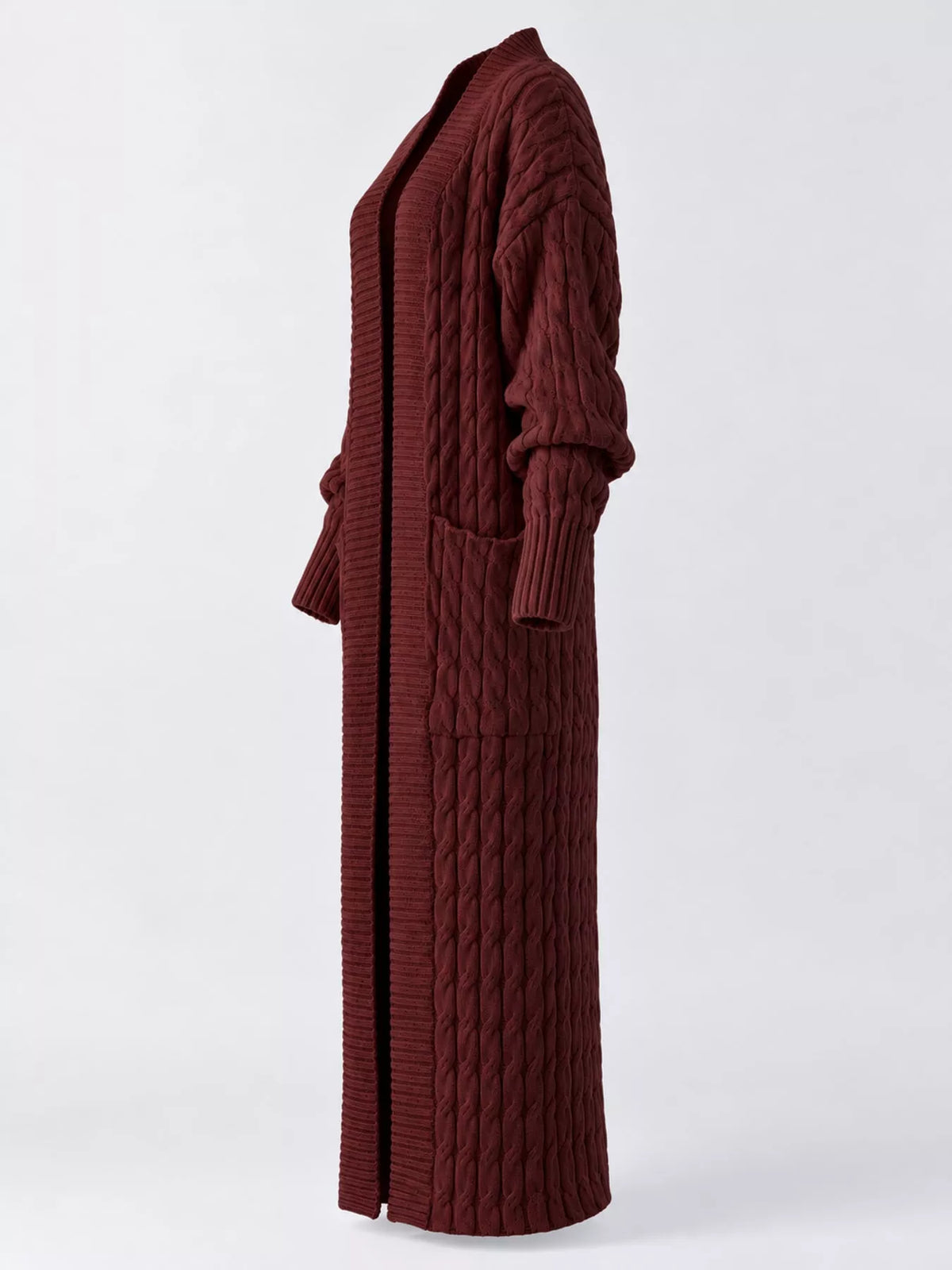 Coffee cable-knit longline open-front cardigan