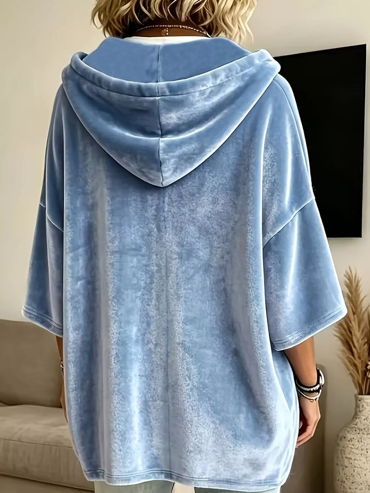 Velvet Button Hoodie in light blue, back view