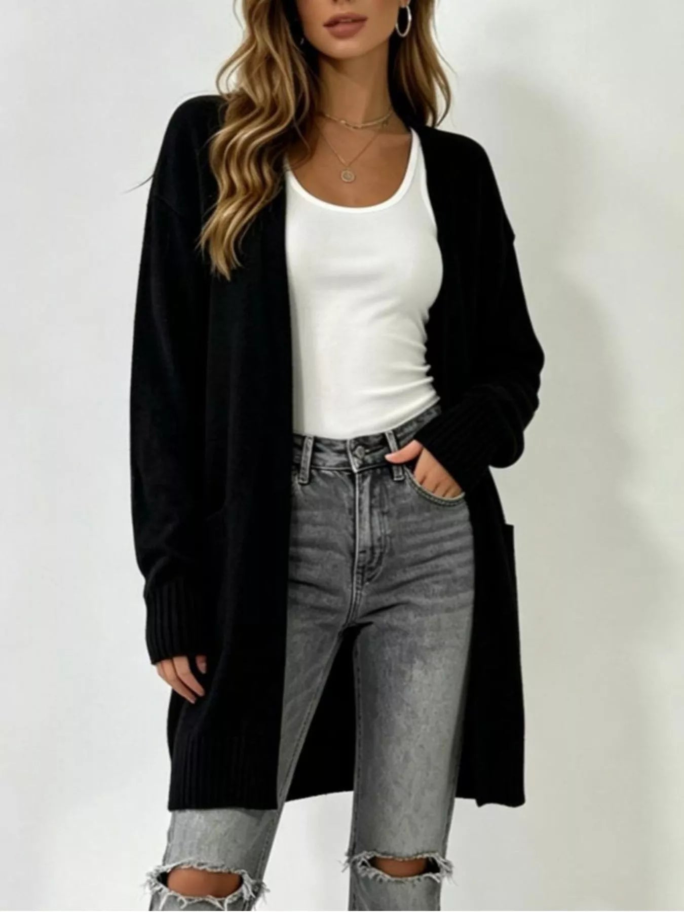 Trendsi Full Size Open-Front Longline Knit Cardigan Plus Size -