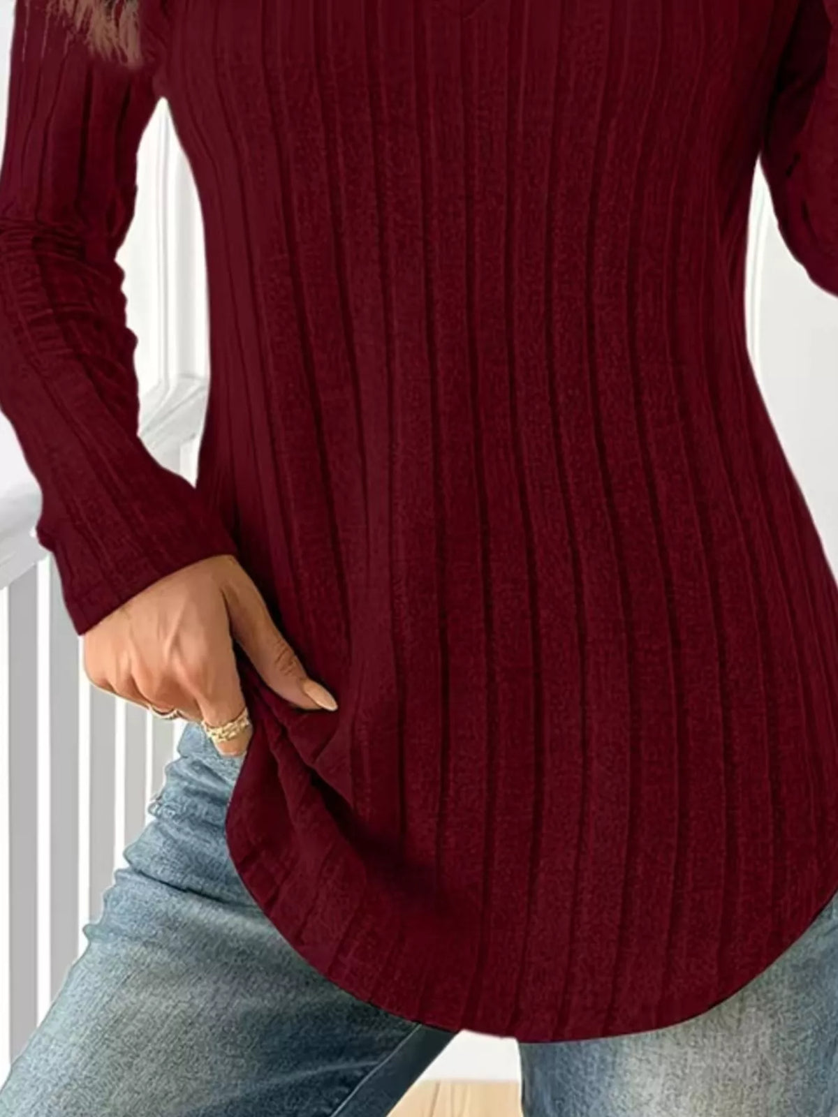 Women's Ribbed Knit Long Sleeve T-Shirt in burgundy — texture detail view