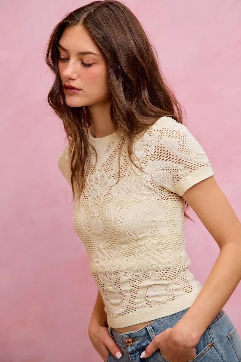 Women's Floral Perforated Short Sleeve Textured Knit Top — product view 6